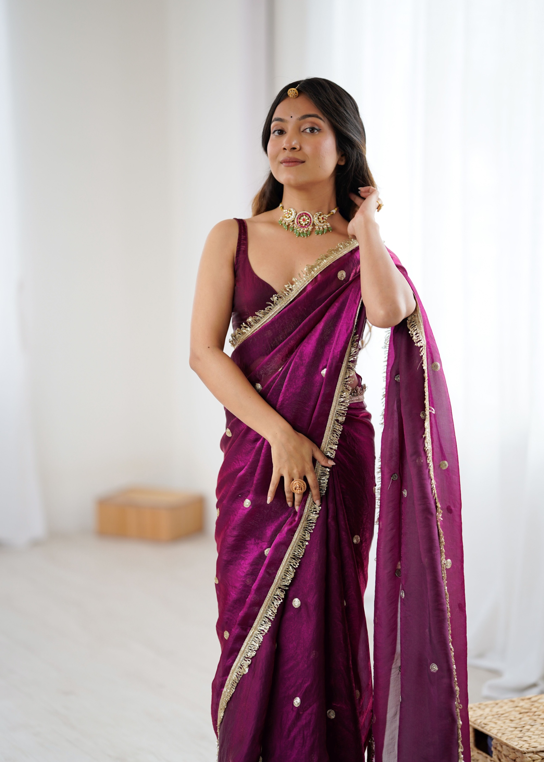 Wine Zari Sequin Fendy Satin Saree