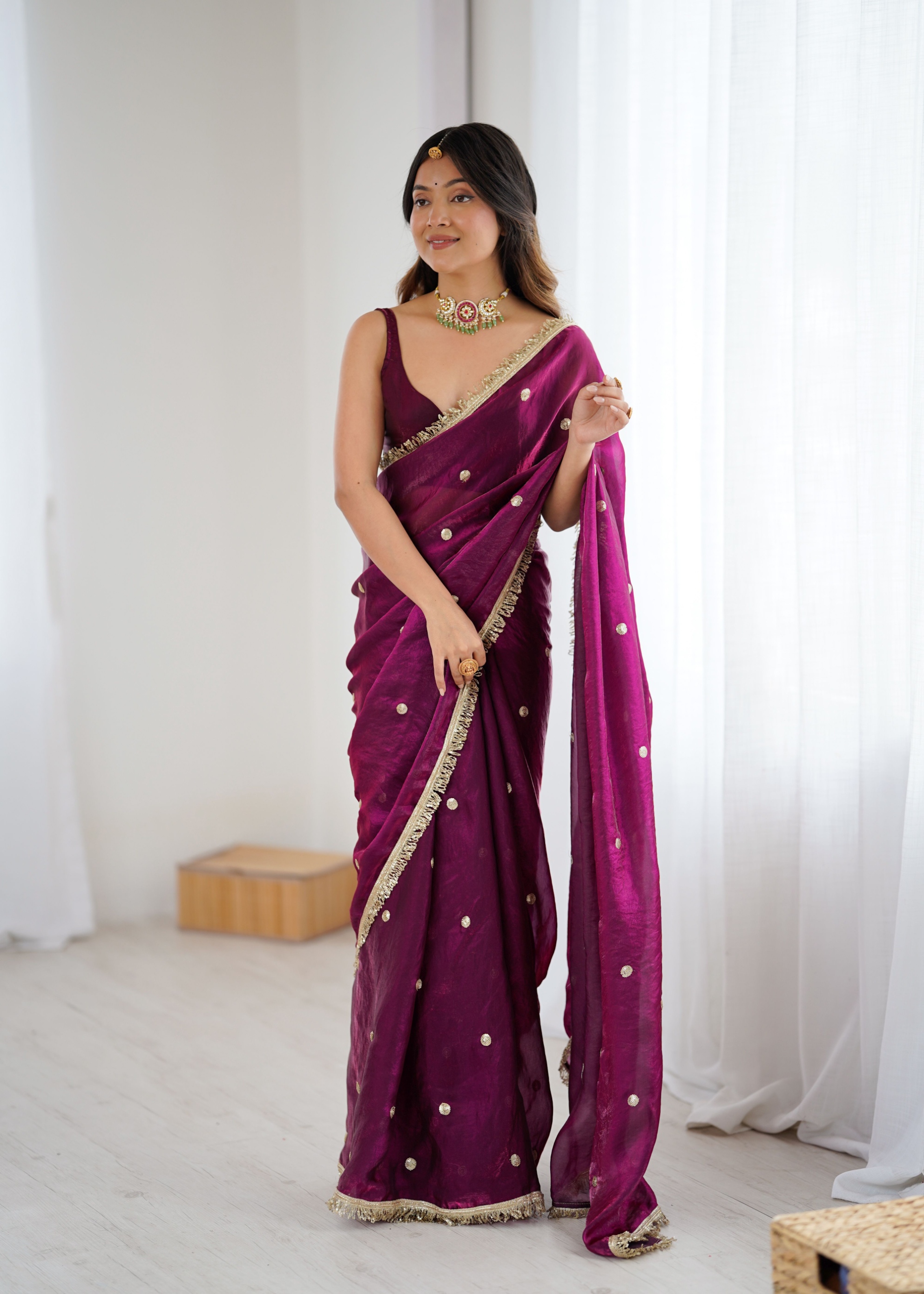 Wine Zari Sequin Fendy Satin Saree