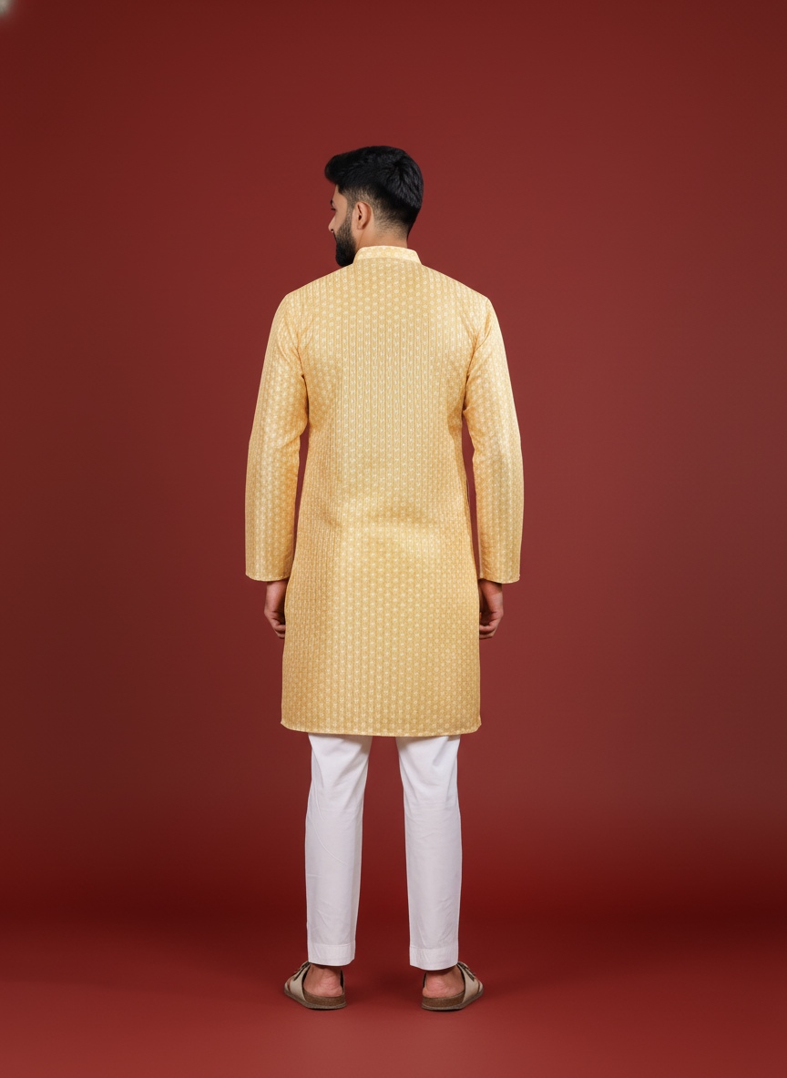 Yellow Art Silk Designer Kurta Pyjama — alternate view