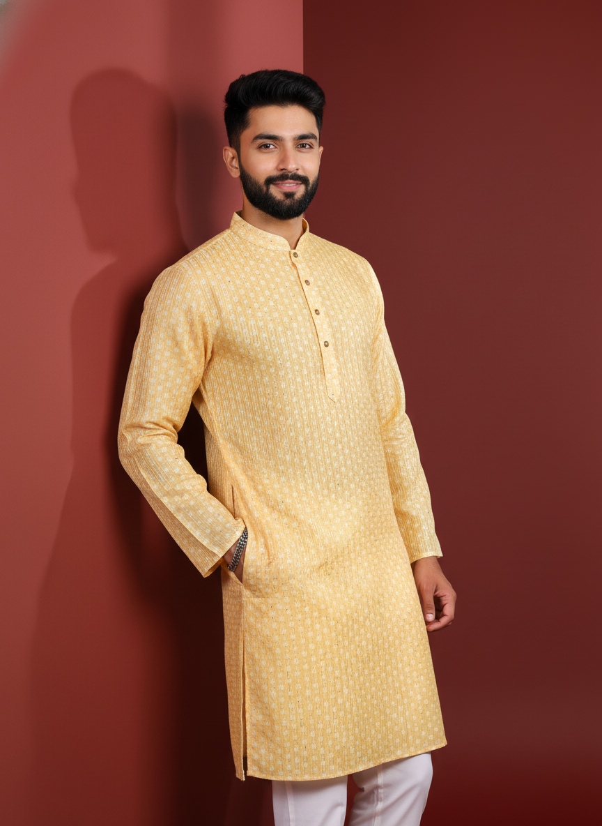 Yellow Art Silk Designer Kurta Pyjama
