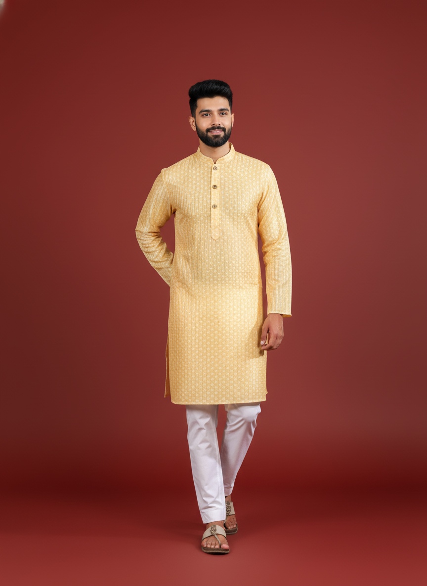 Yellow Art Silk Designer Kurta Pyjama