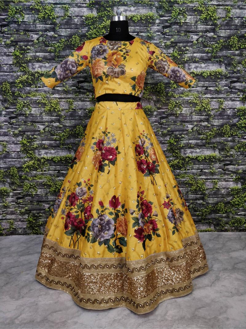 Yellow Art Silk Printed Lehenga