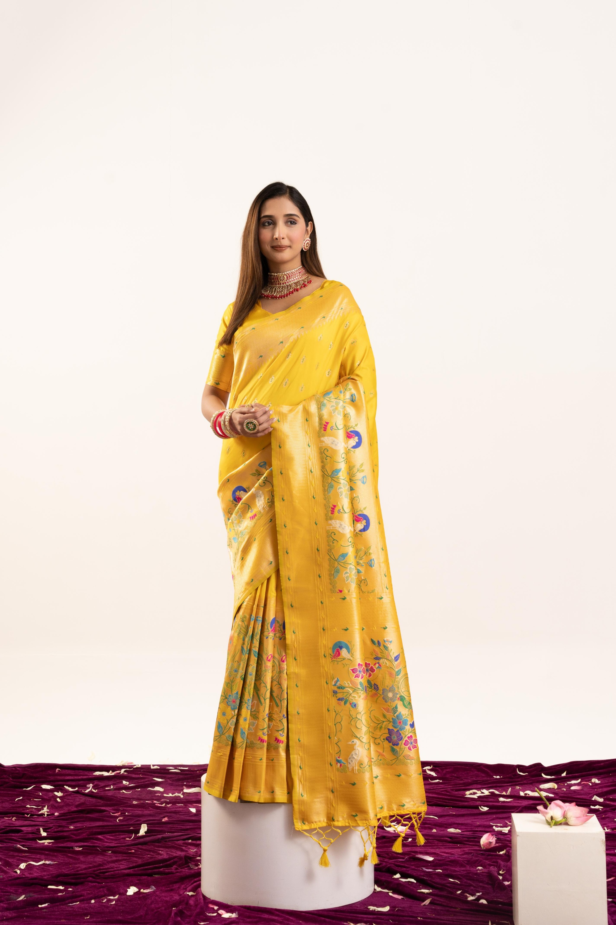 Yellow Banarasi Silk Woven Meenakari Paithani Saree