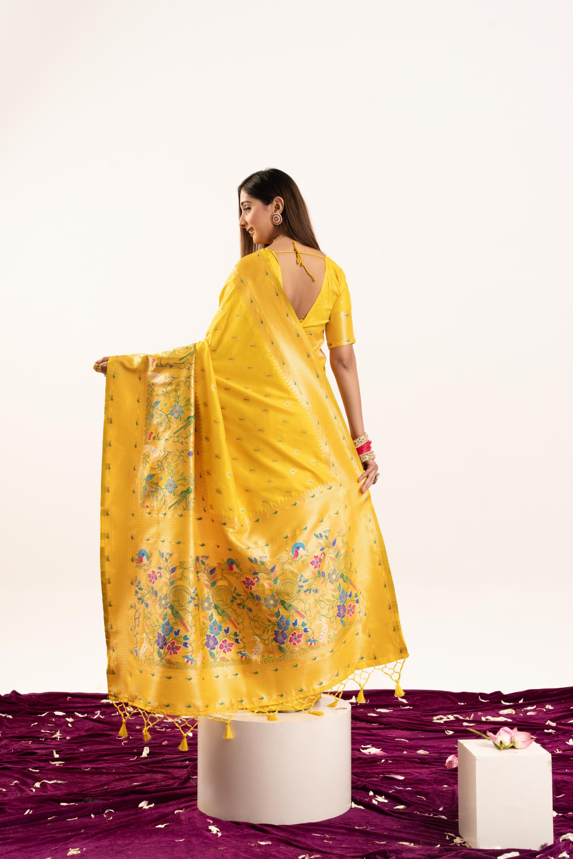 Yellow Banarasi Silk Woven Meenakari Paithani Saree — alternate view