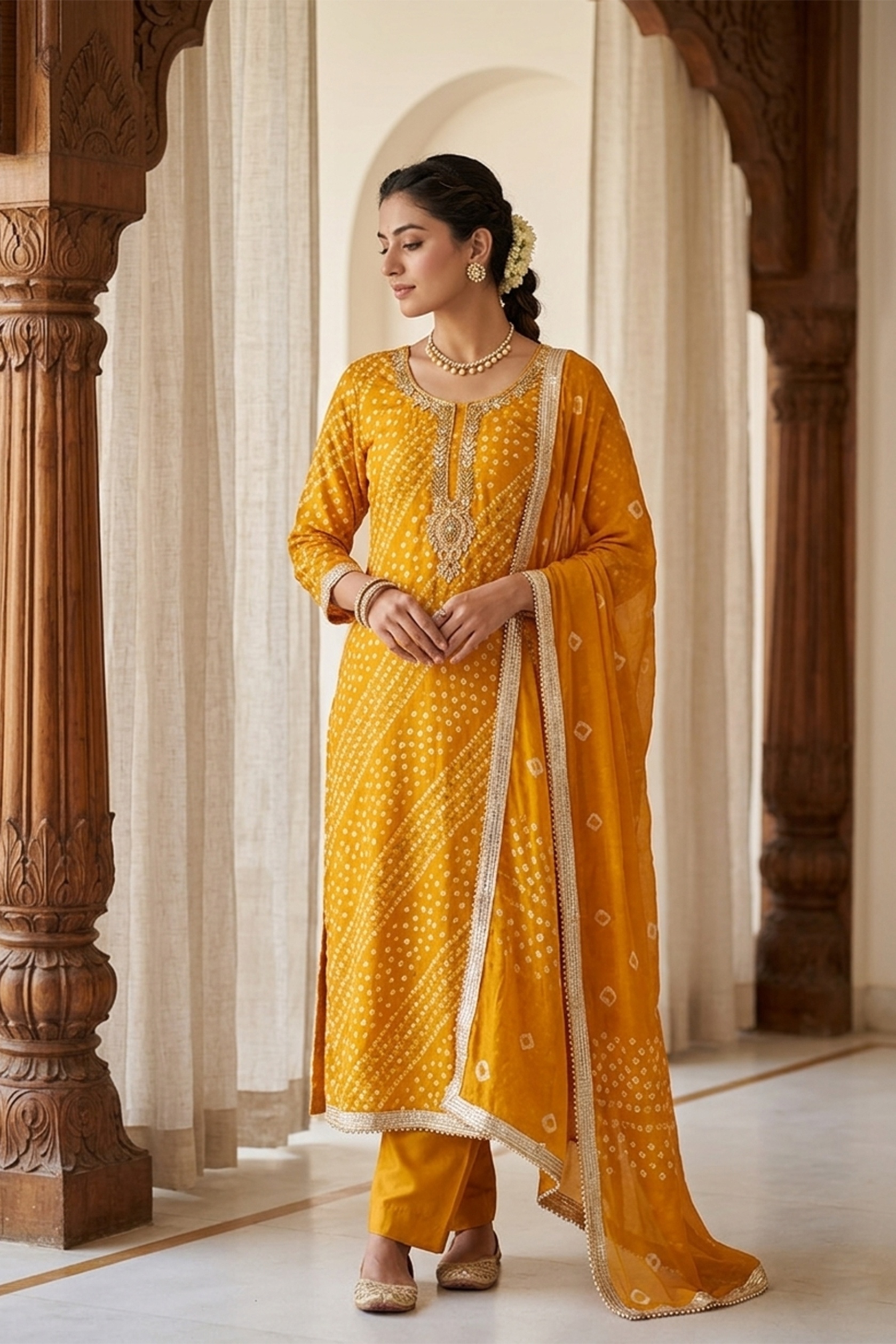 Yellow Bandhani Designer Printed Jam Cotton Straight Salwar Suit