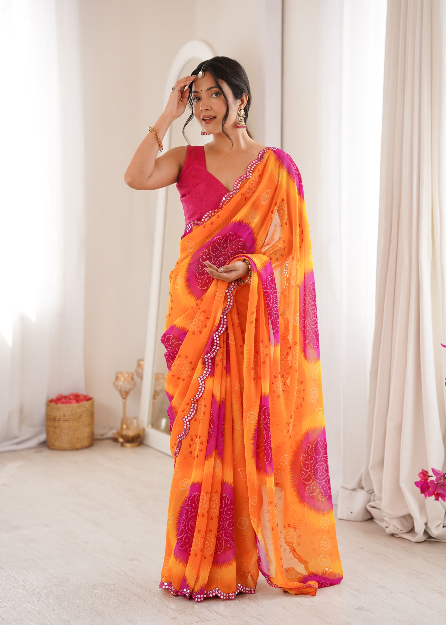 Yellow Bandhani Printed Georgette Saree
