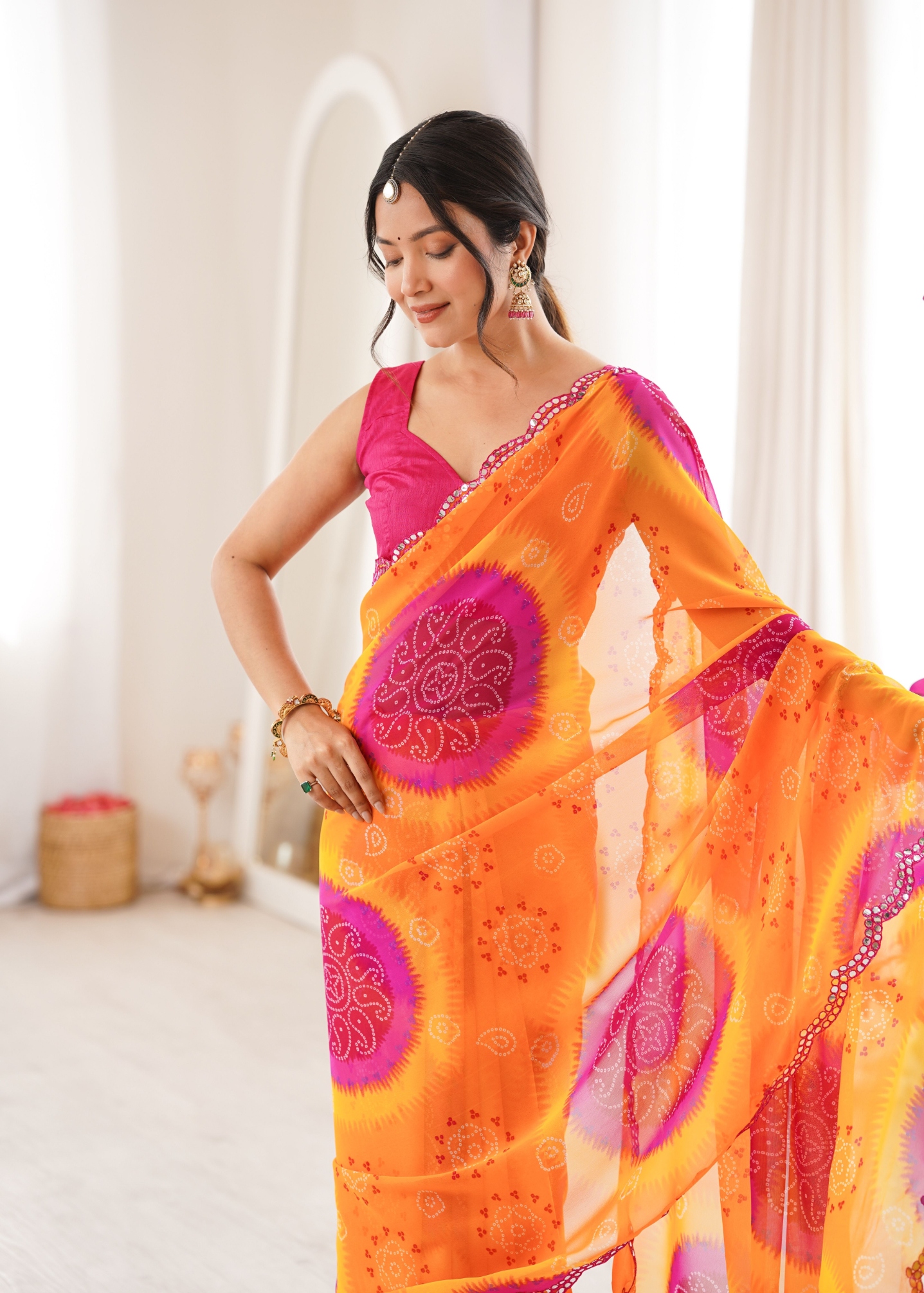 Yellow Bandhani Printed Georgette Saree