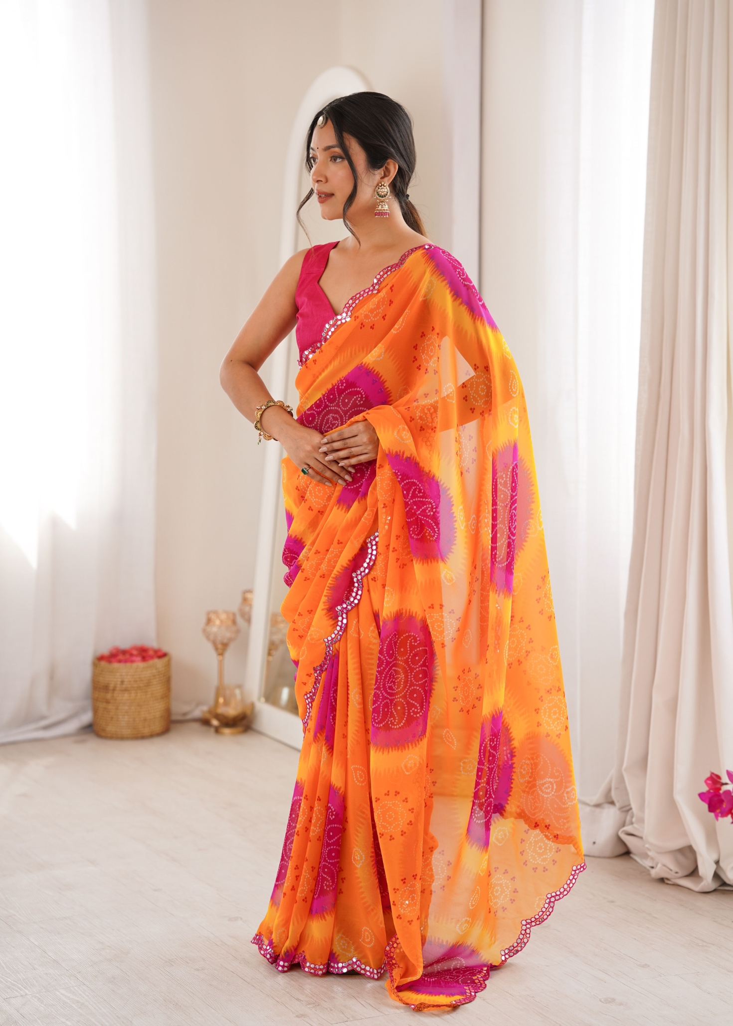 Yellow Bandhani Printed Georgette Saree