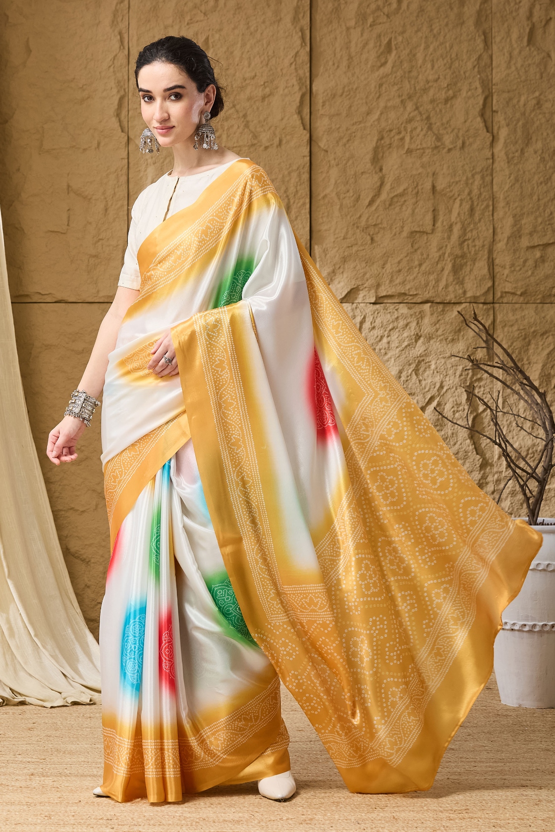 Yellow Bandhani Printed Satin Ready To Wear Saree