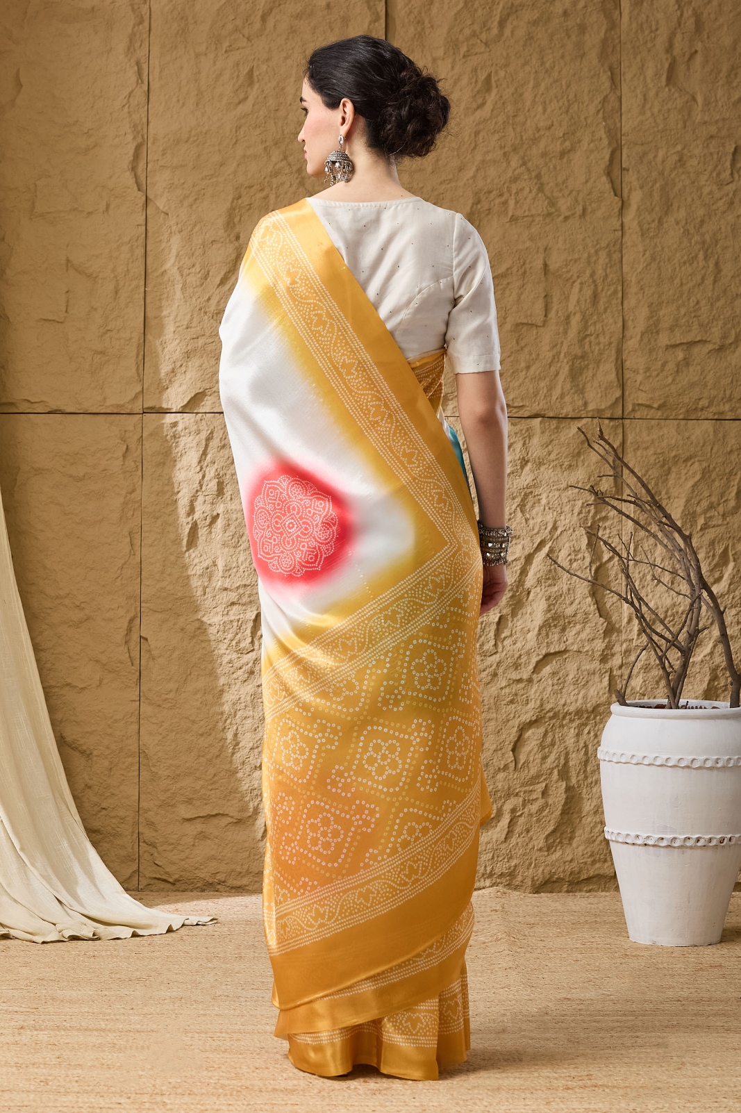 Yellow Bandhani Printed Satin Ready To Wear Saree — alternate view