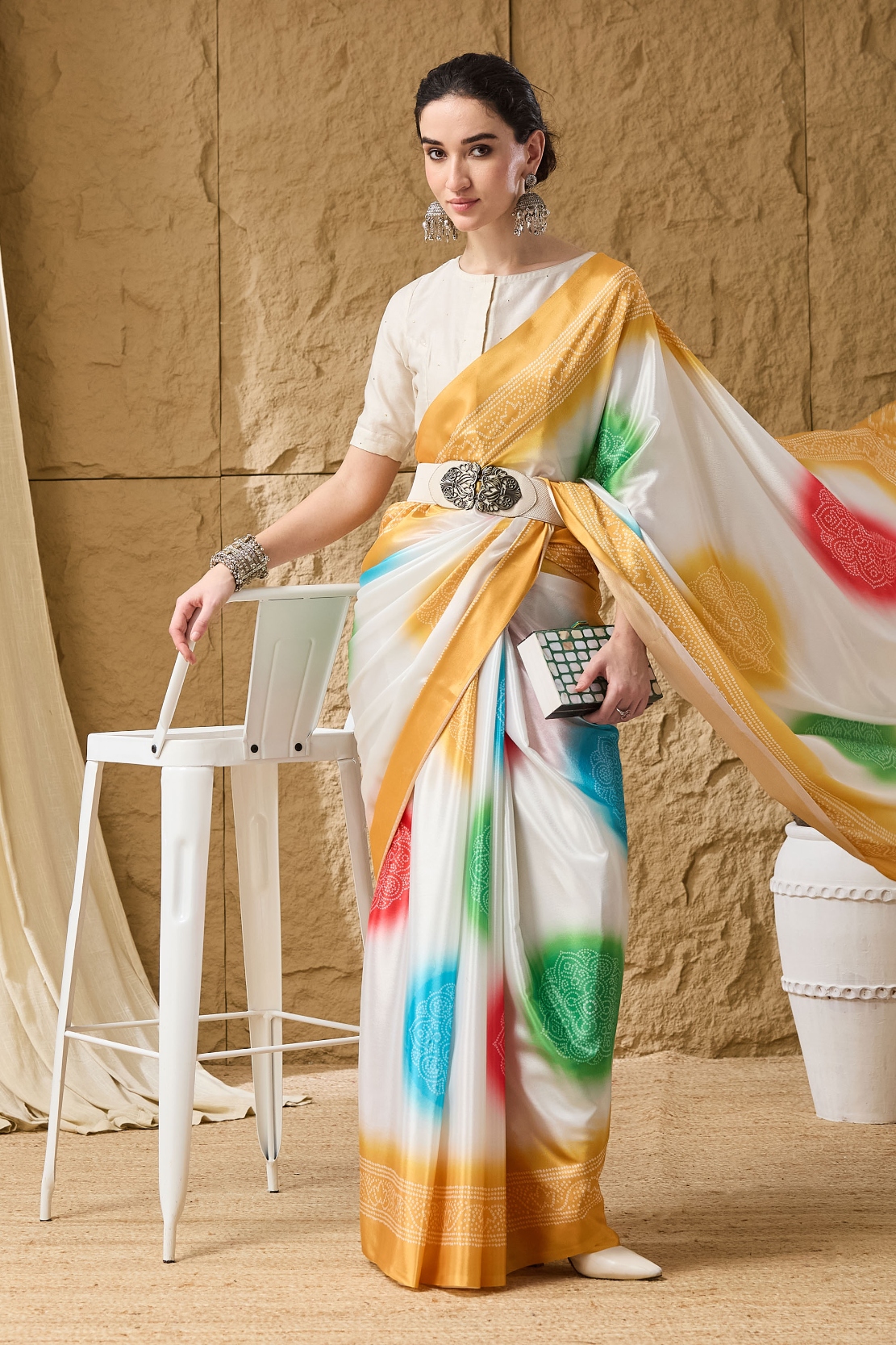 Yellow Bandhani Printed Satin Ready To Wear Saree