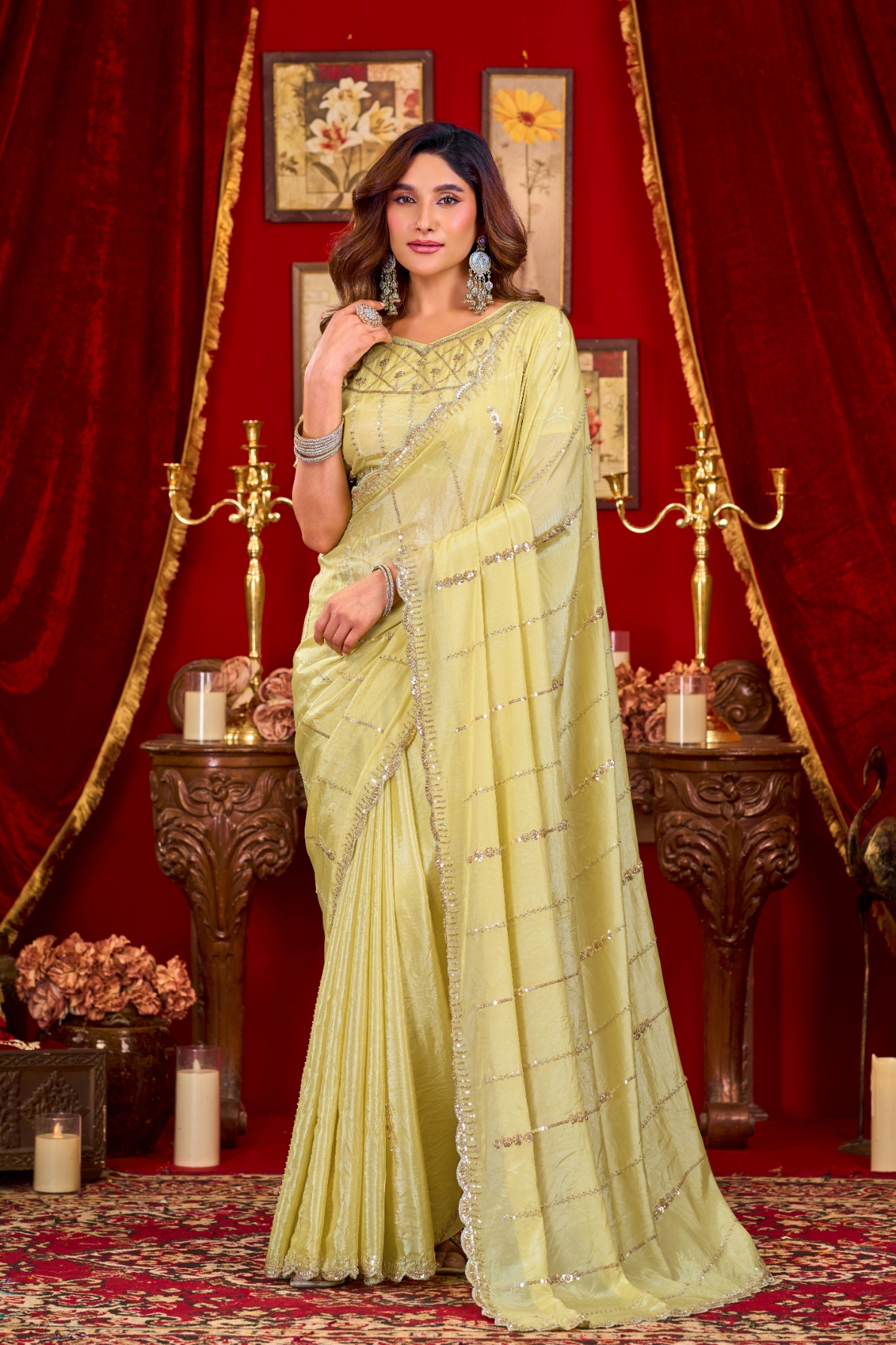 Yellow Beads Sequin Prada Silk Saree