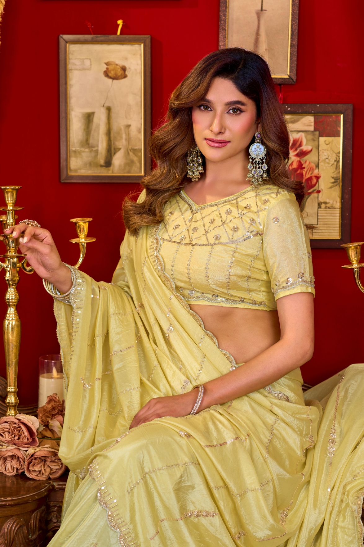 Yellow Beads Sequin Prada Silk Saree