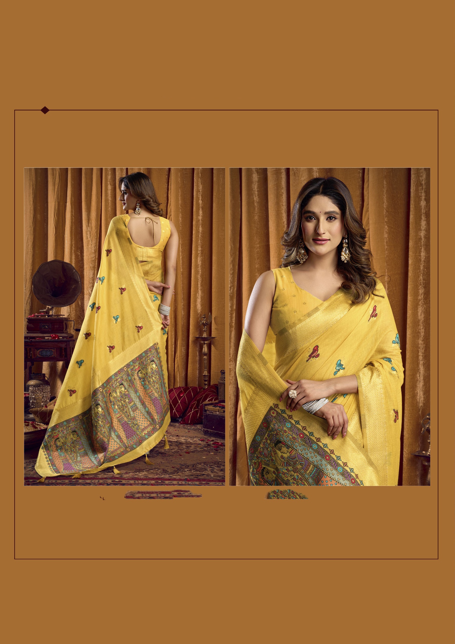 Yellow Bird Motif Woven Katha Khadi Cotton Saree