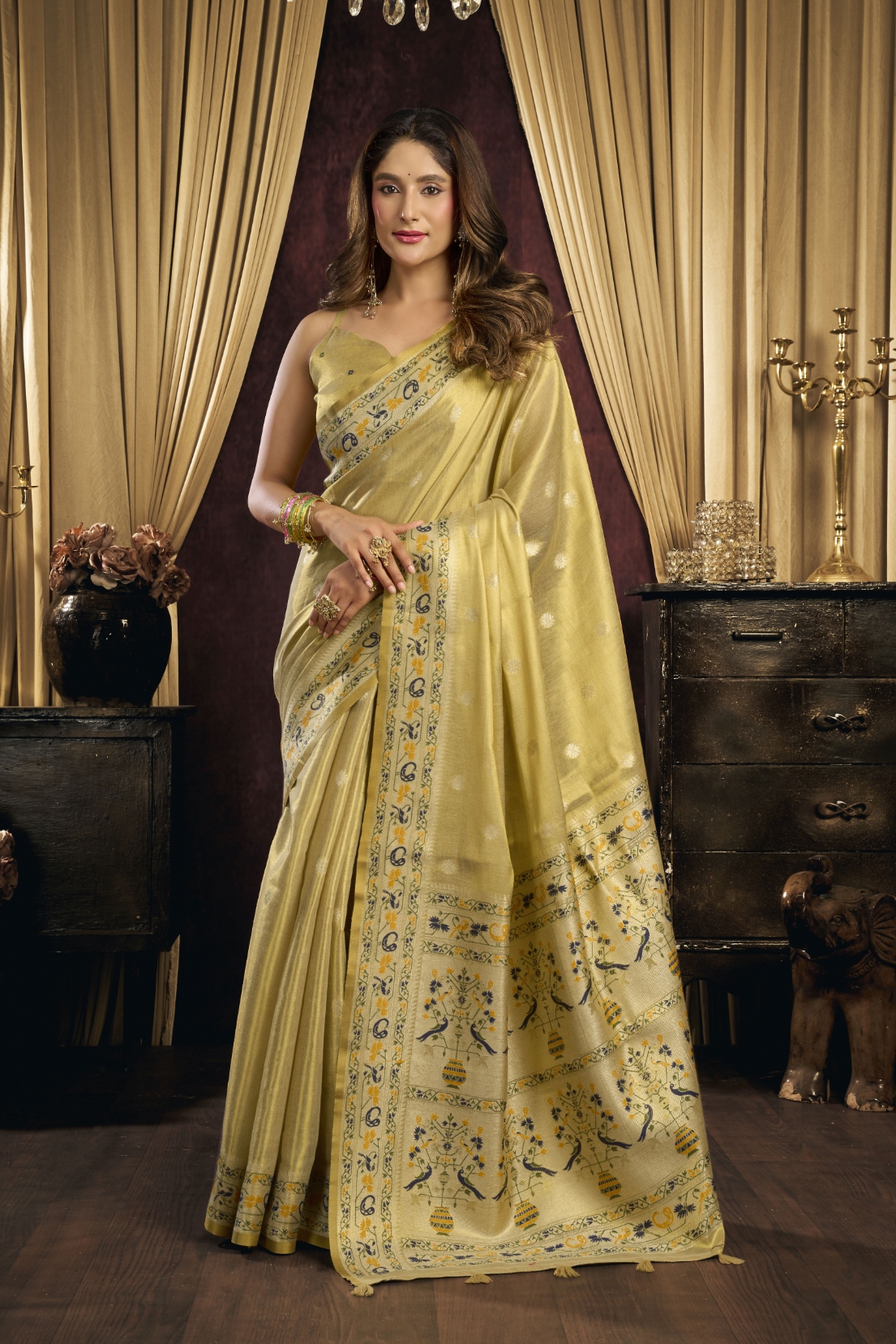 Yellow Bird Motif Woven Tissue Silk Saree