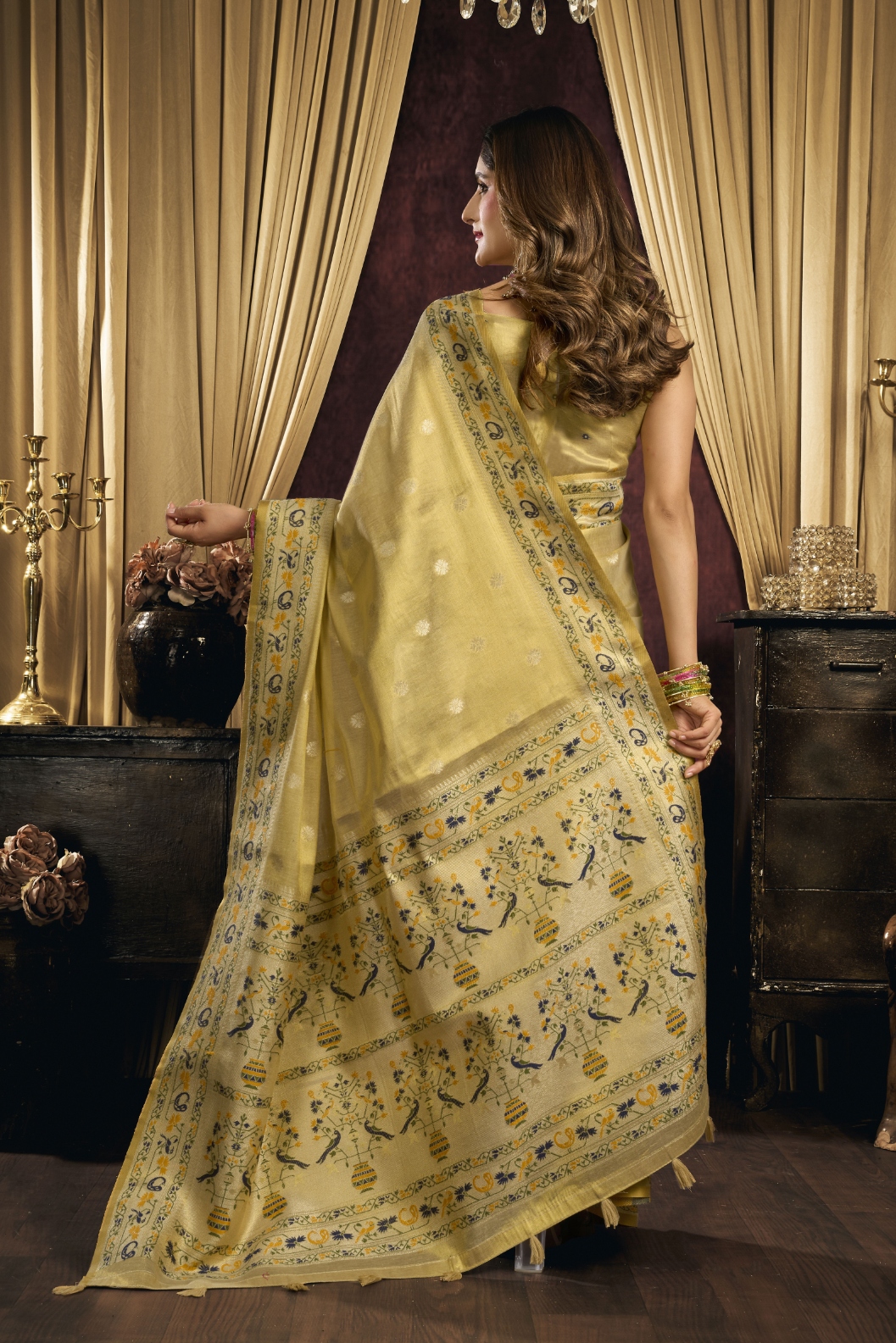 Yellow Bird Motif Woven Tissue Silk Saree — alternate view