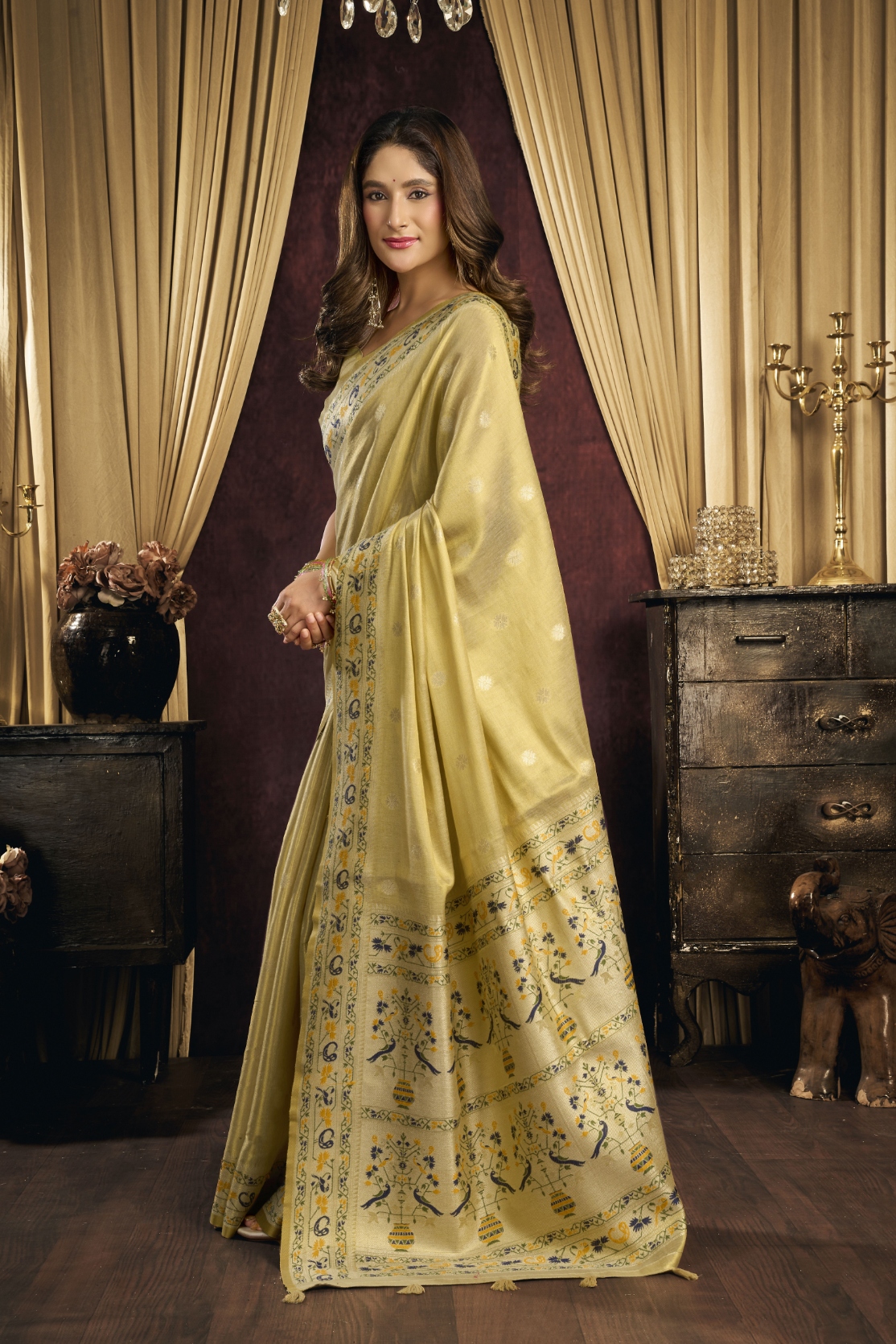 Yellow Bird Motif Woven Tissue Silk Saree