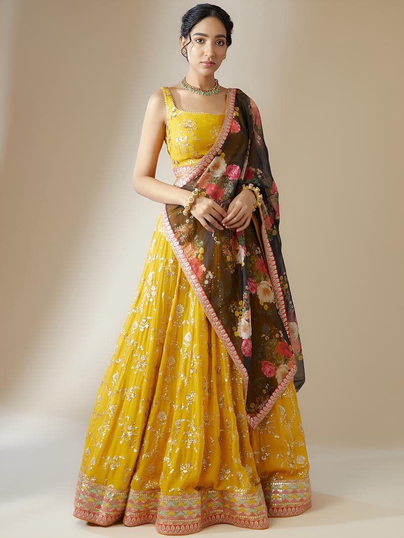 Yellow-Black Georgette Lehenga Choli