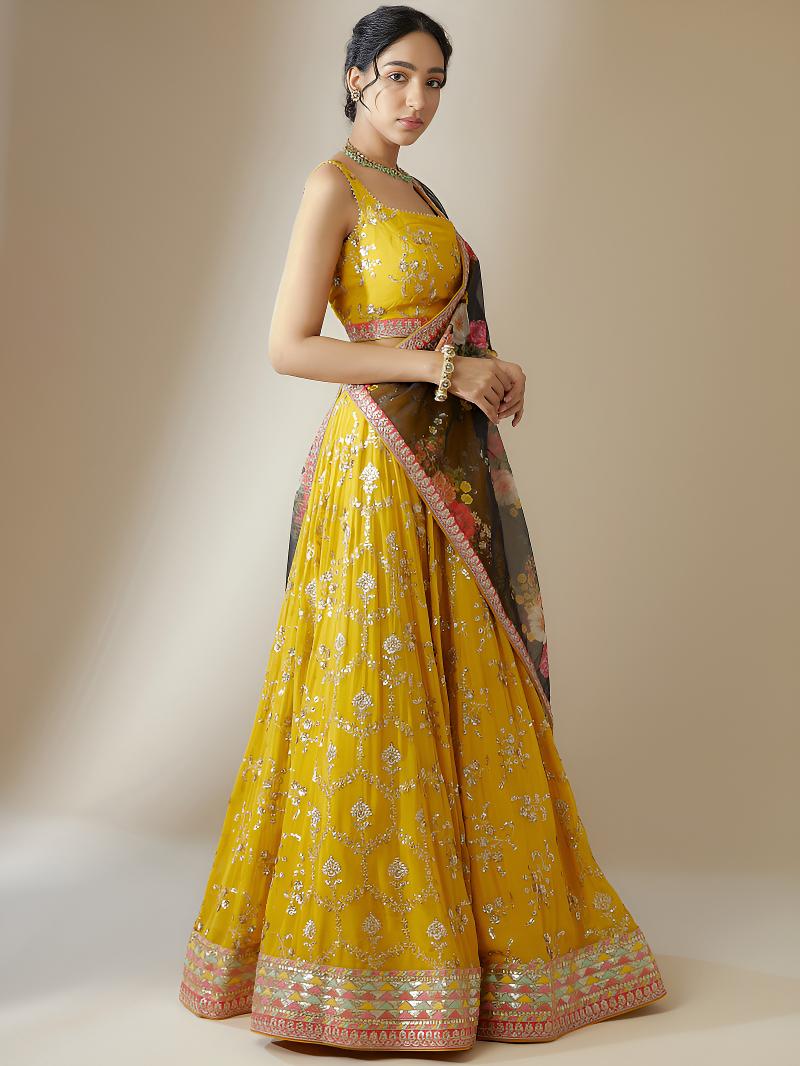 Yellow-Black Georgette Lehenga Choli