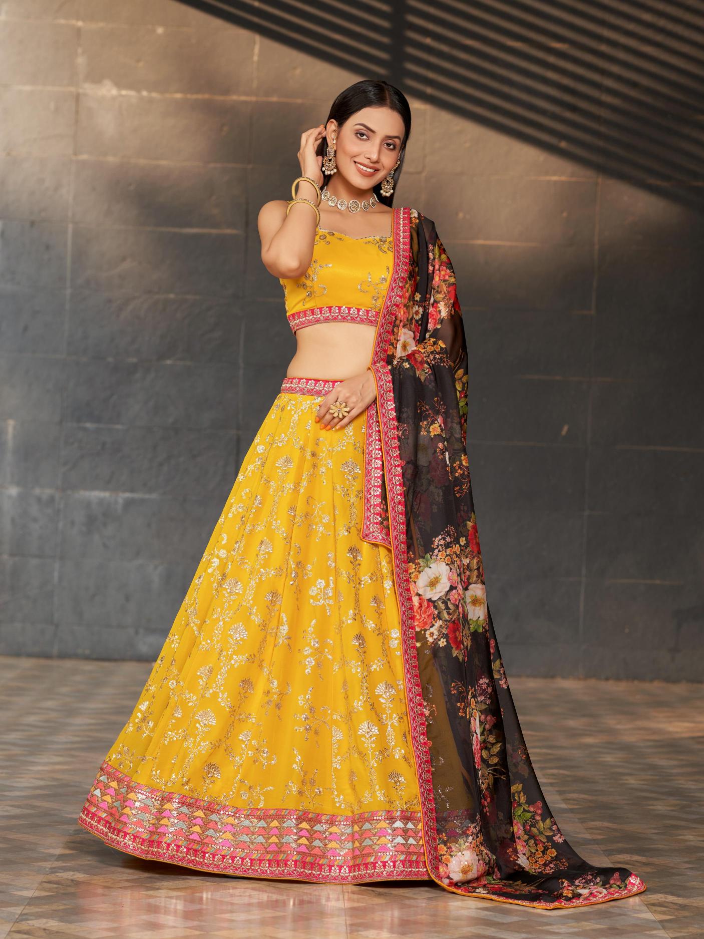 Yellow-Black Georgette Lehenga Choli