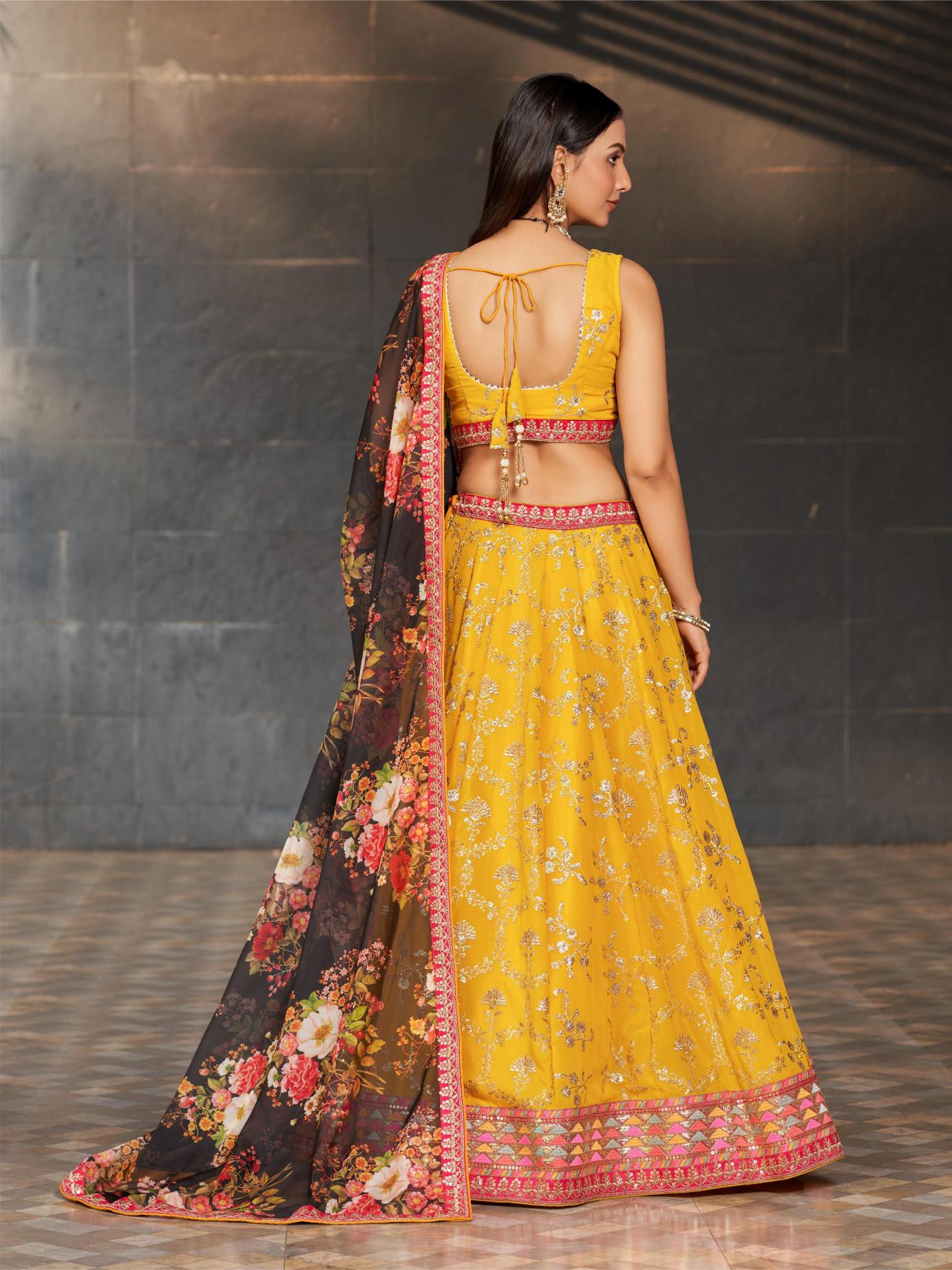 Yellow-Black Georgette Lehenga Choli