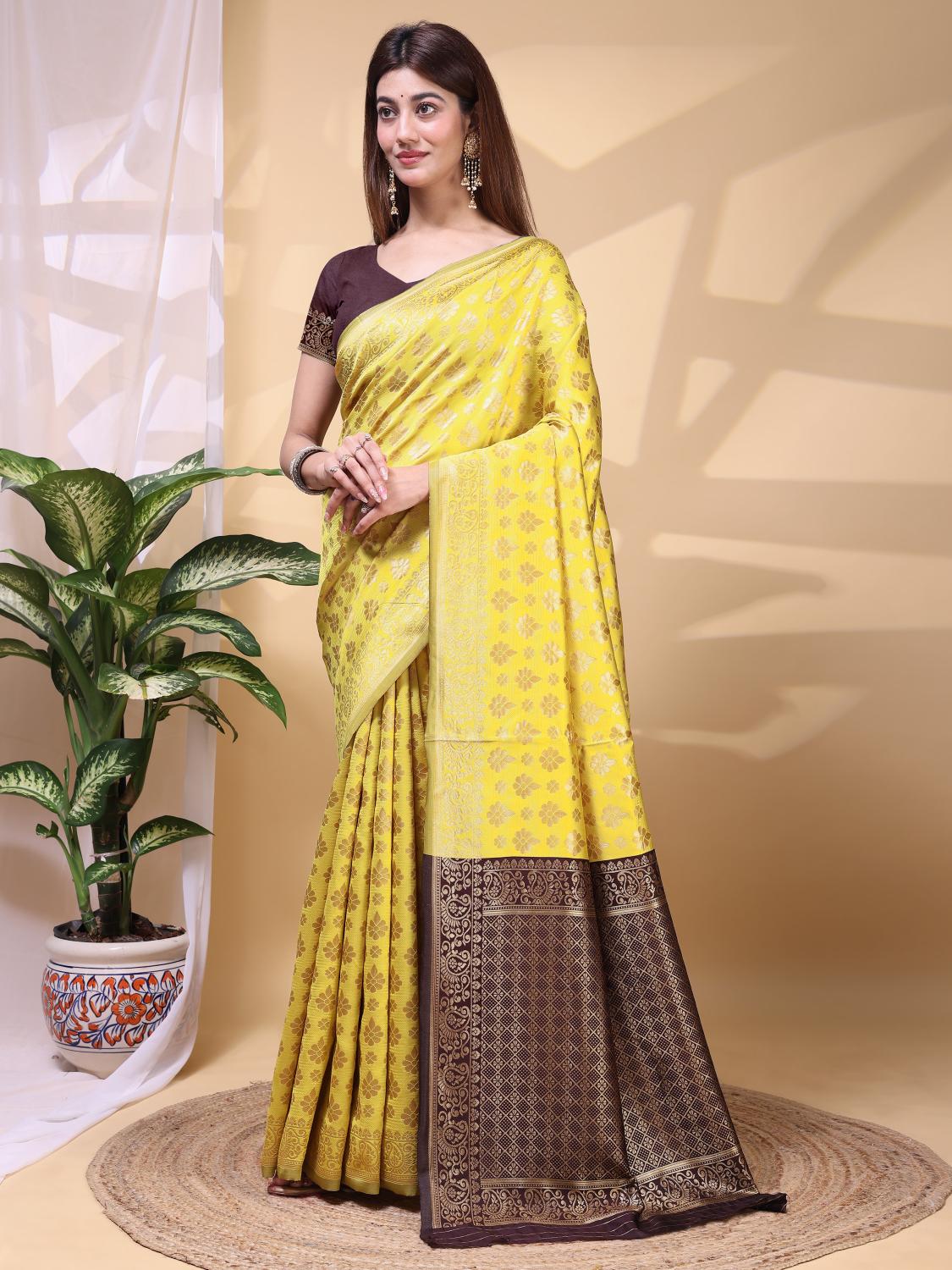Yellow Brown Lichi Silk Zari Work Saree