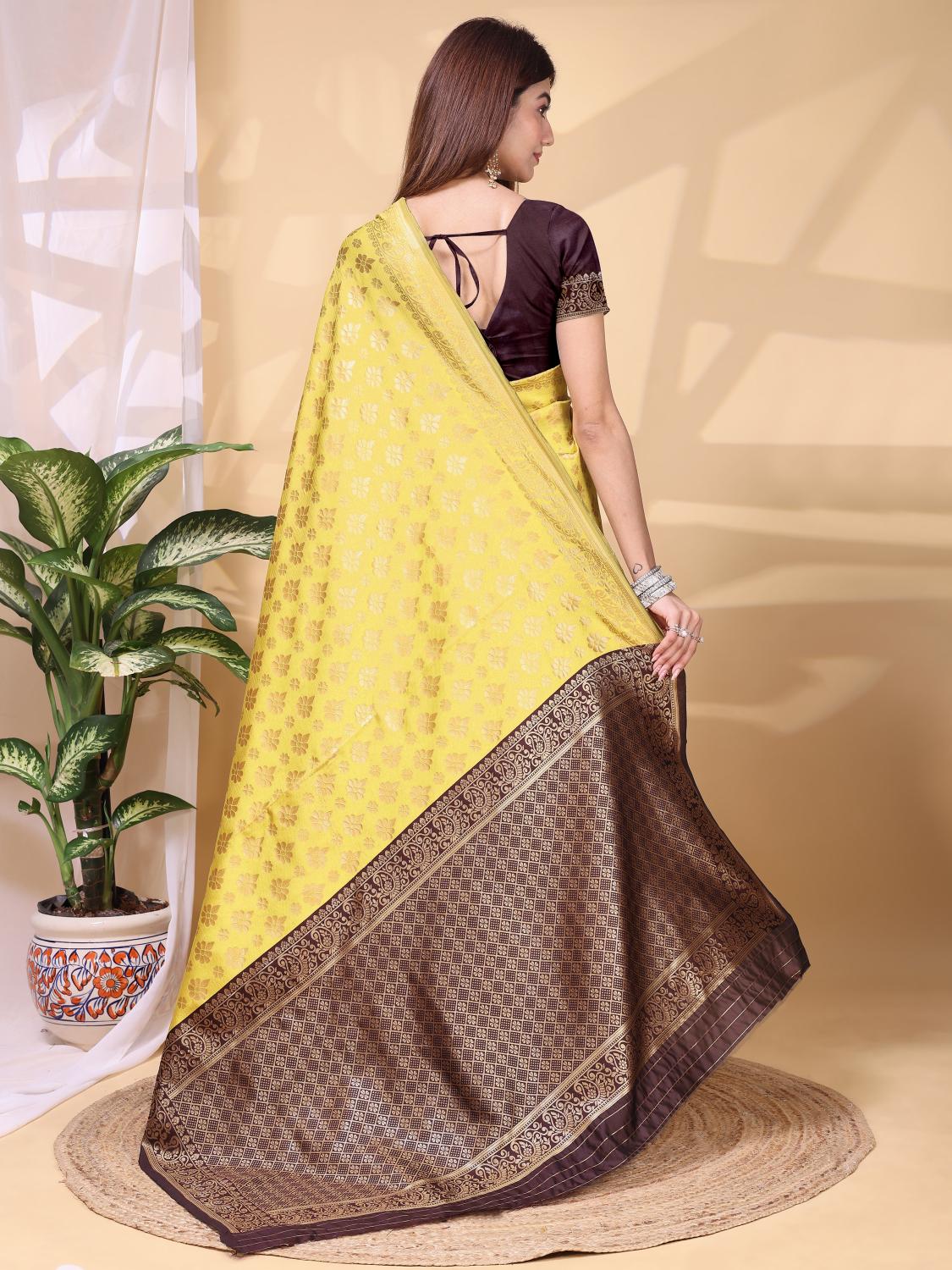 Yellow Brown Lichi Silk Zari Work Saree — alternate view