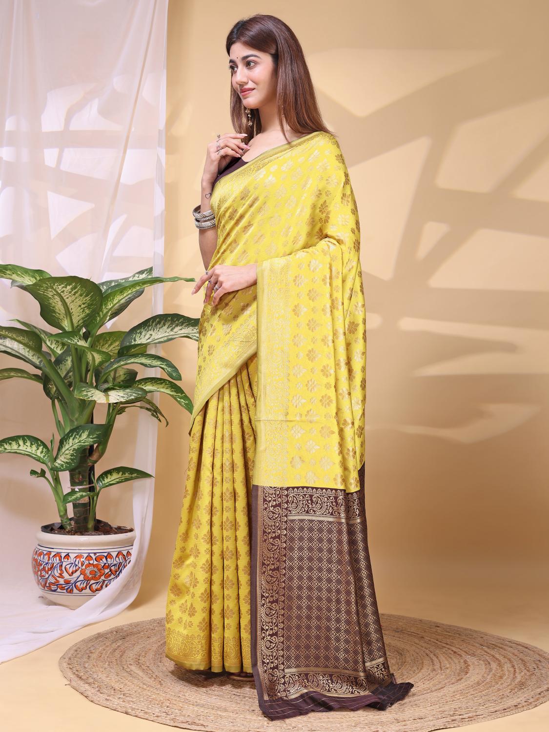 Yellow Brown Lichi Silk Zari Work Saree