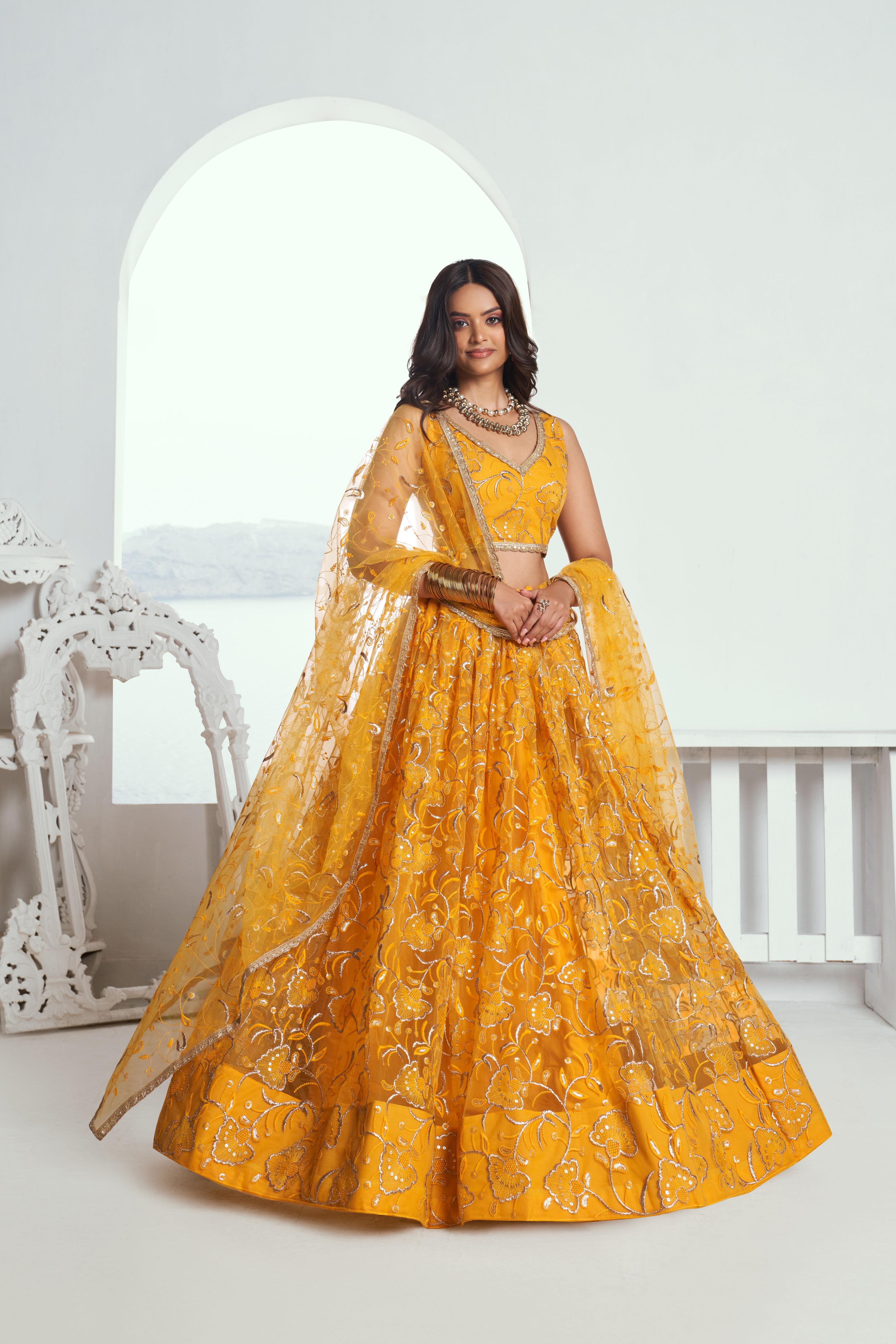 Yellow Butterfly Net Umbrella Lehenga