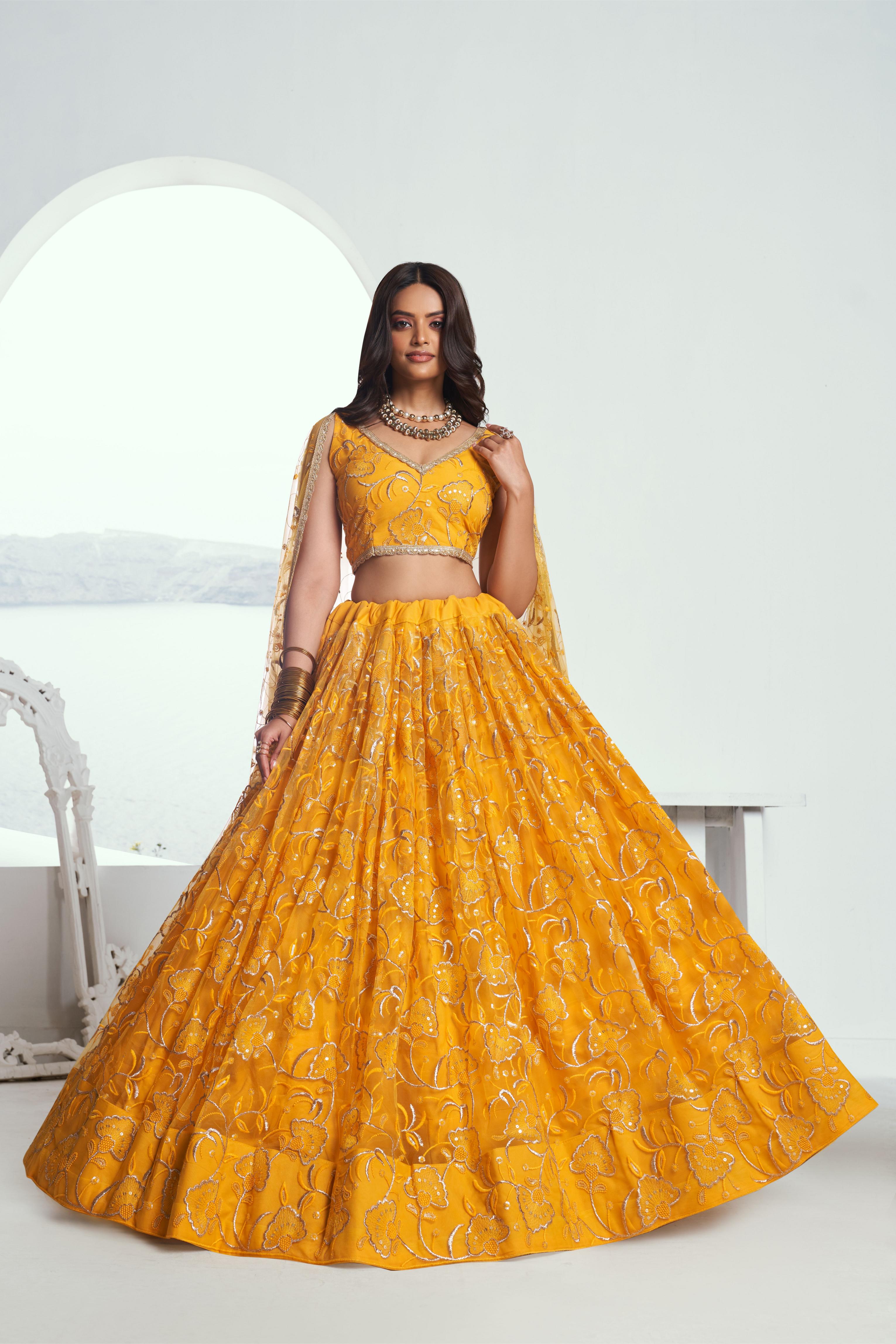 Yellow Butterfly Net Umbrella Lehenga