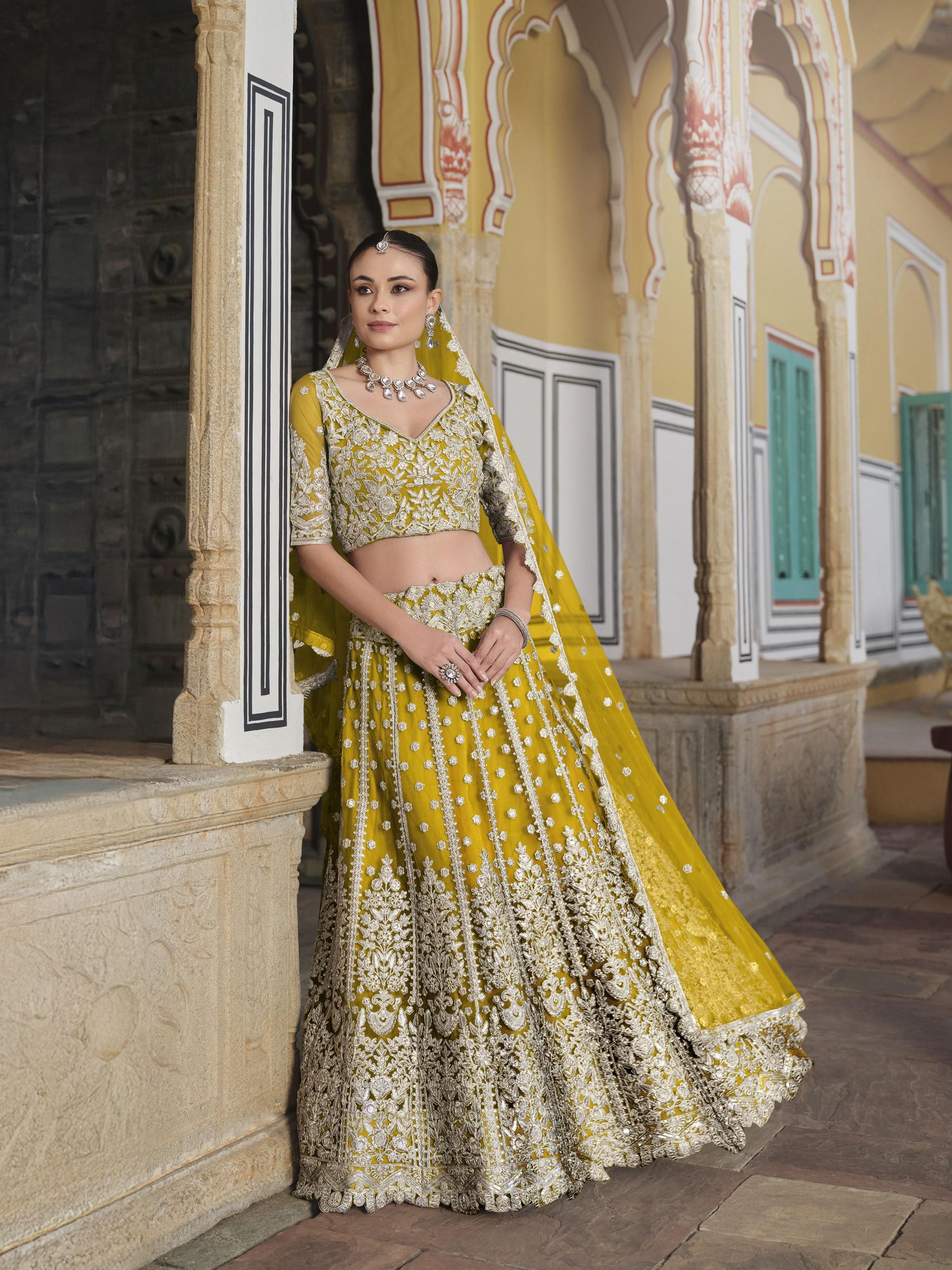 Yellow Butterfly Net Wedding Lehenga
