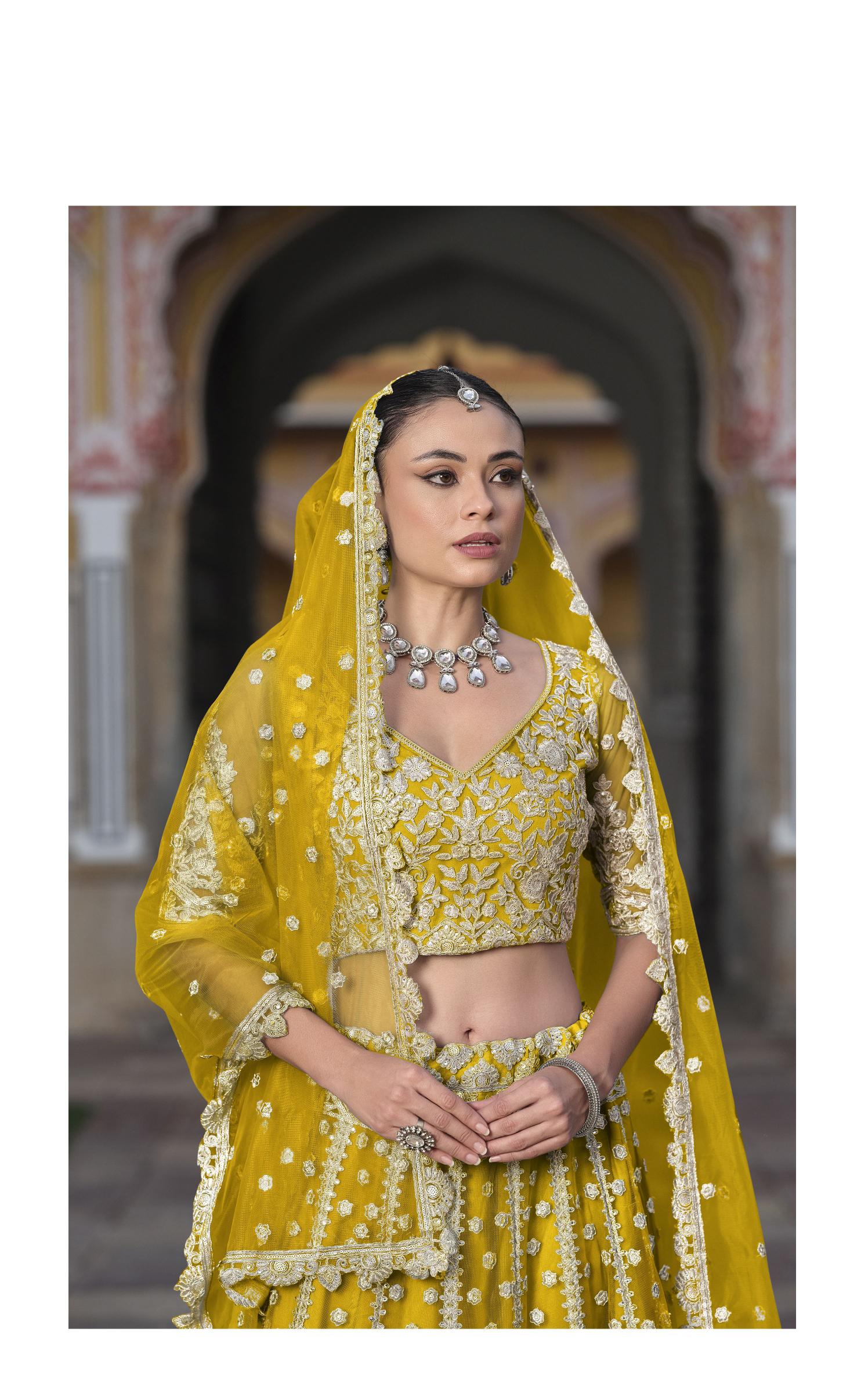 Yellow Butterfly Net Wedding Lehenga — alternate view