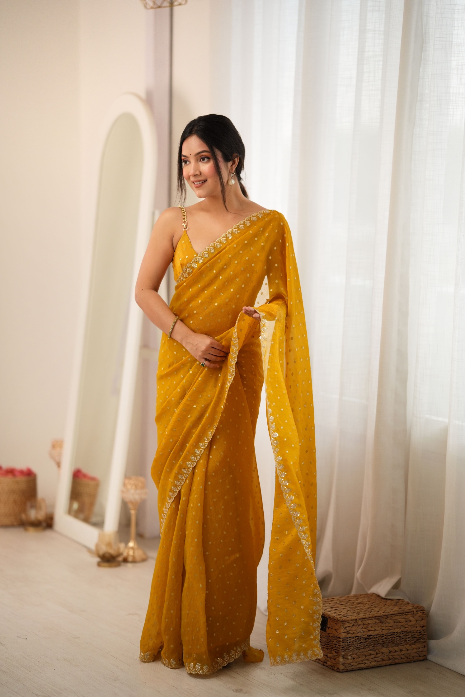 Yellow Butti Embroidery Moss Butti Saree