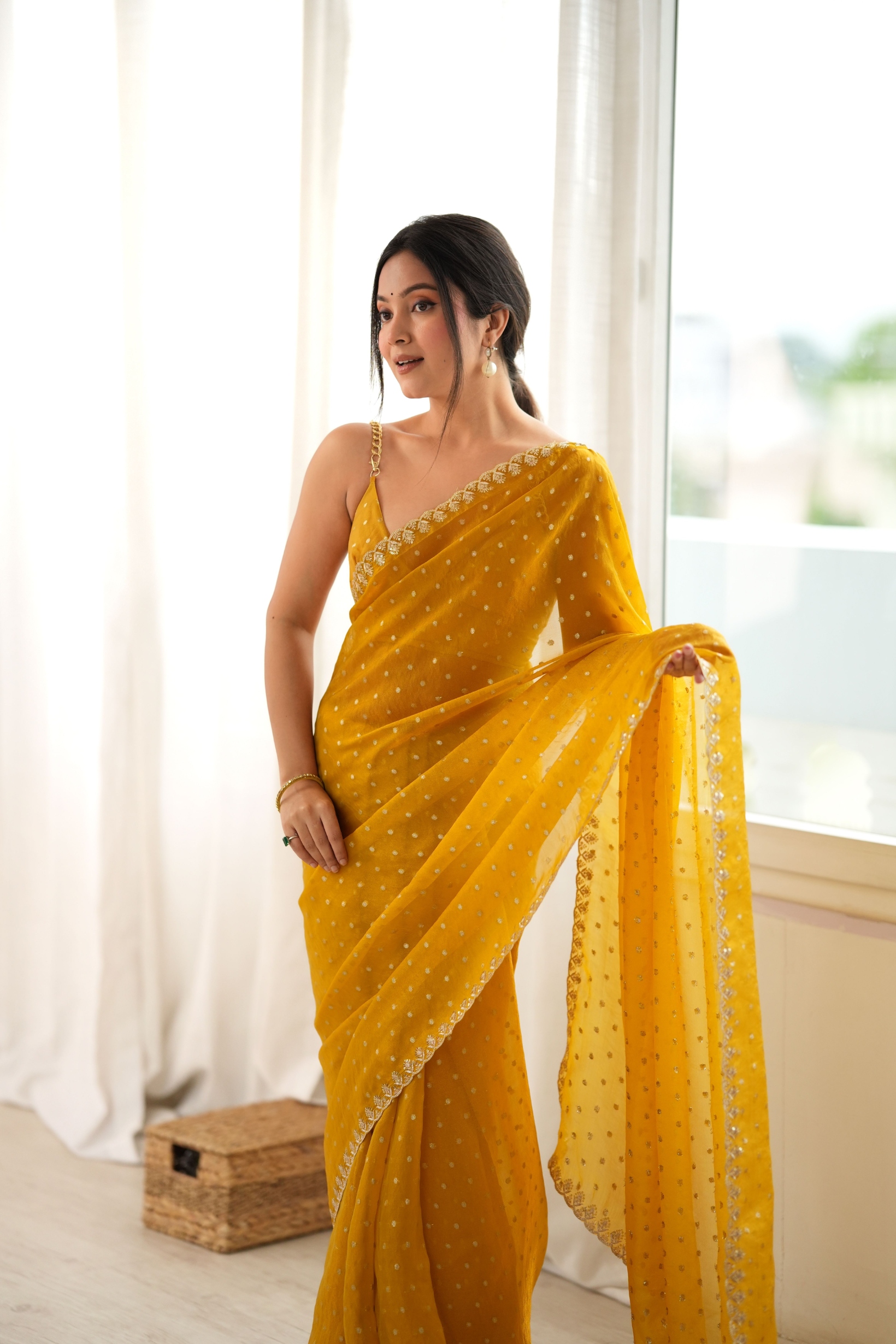 Yellow Butti Embroidery Moss Butti Saree — alternate view