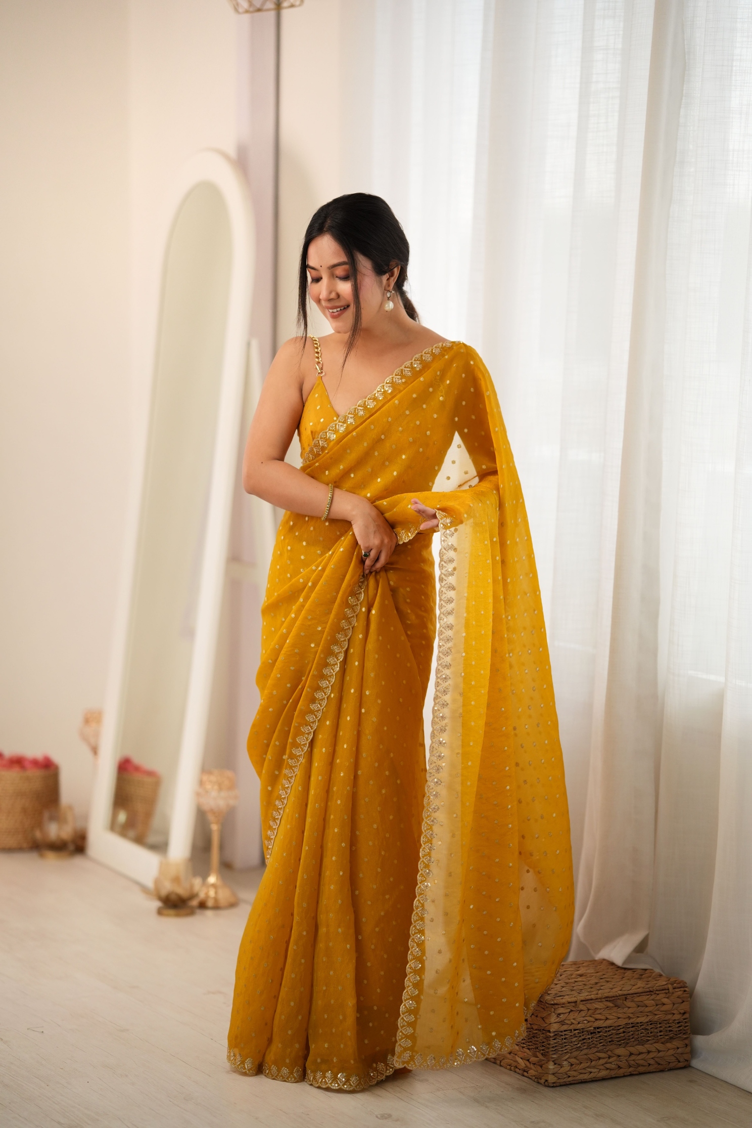 Yellow Butti Embroidery Moss Butti Saree