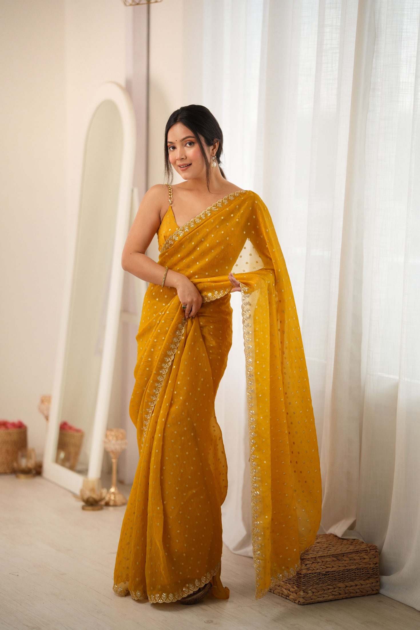 Yellow Butti Embroidery Moss Butti Saree