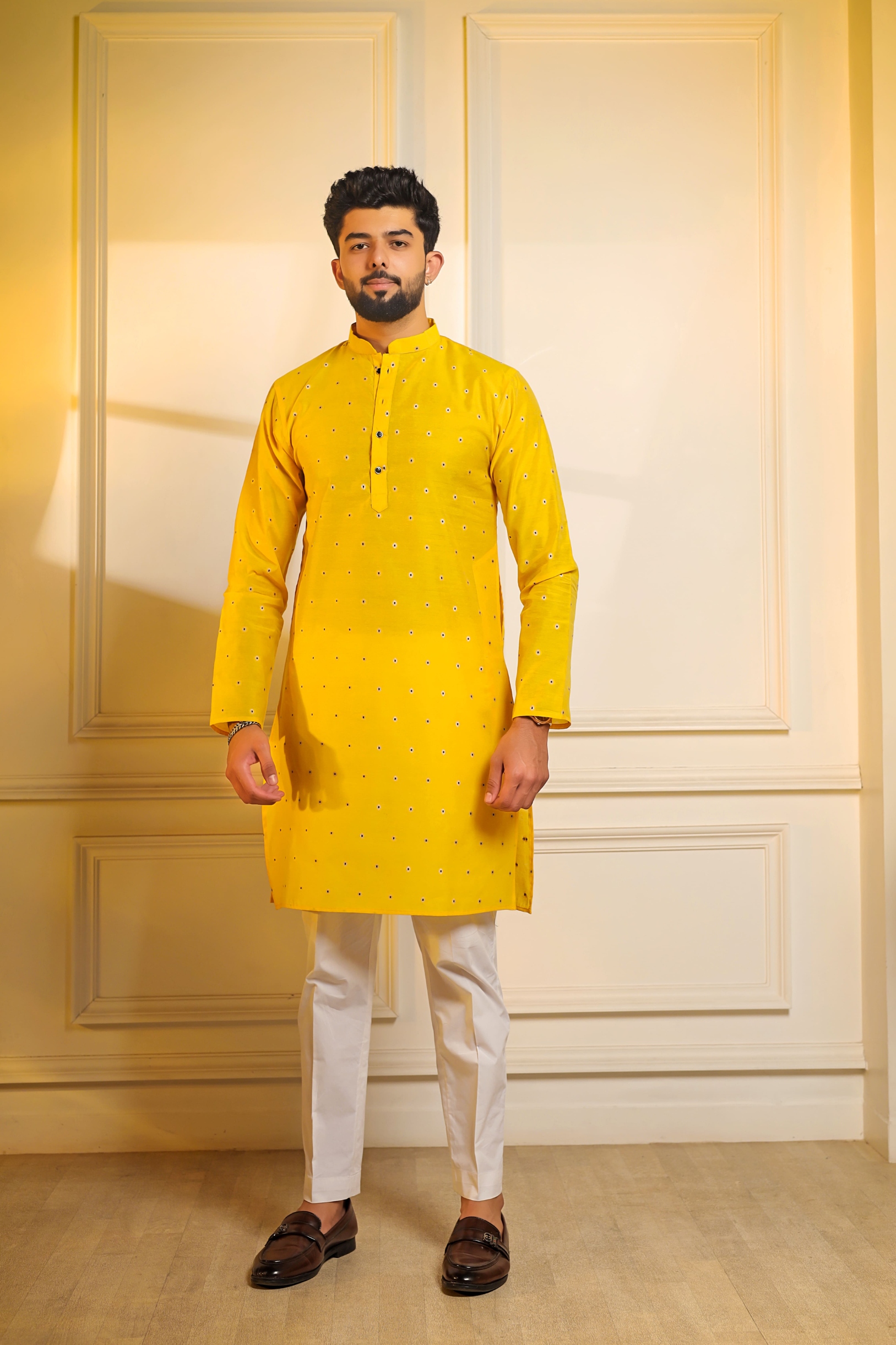 Yellow Butti Woven Cotton Kurta Pyjama