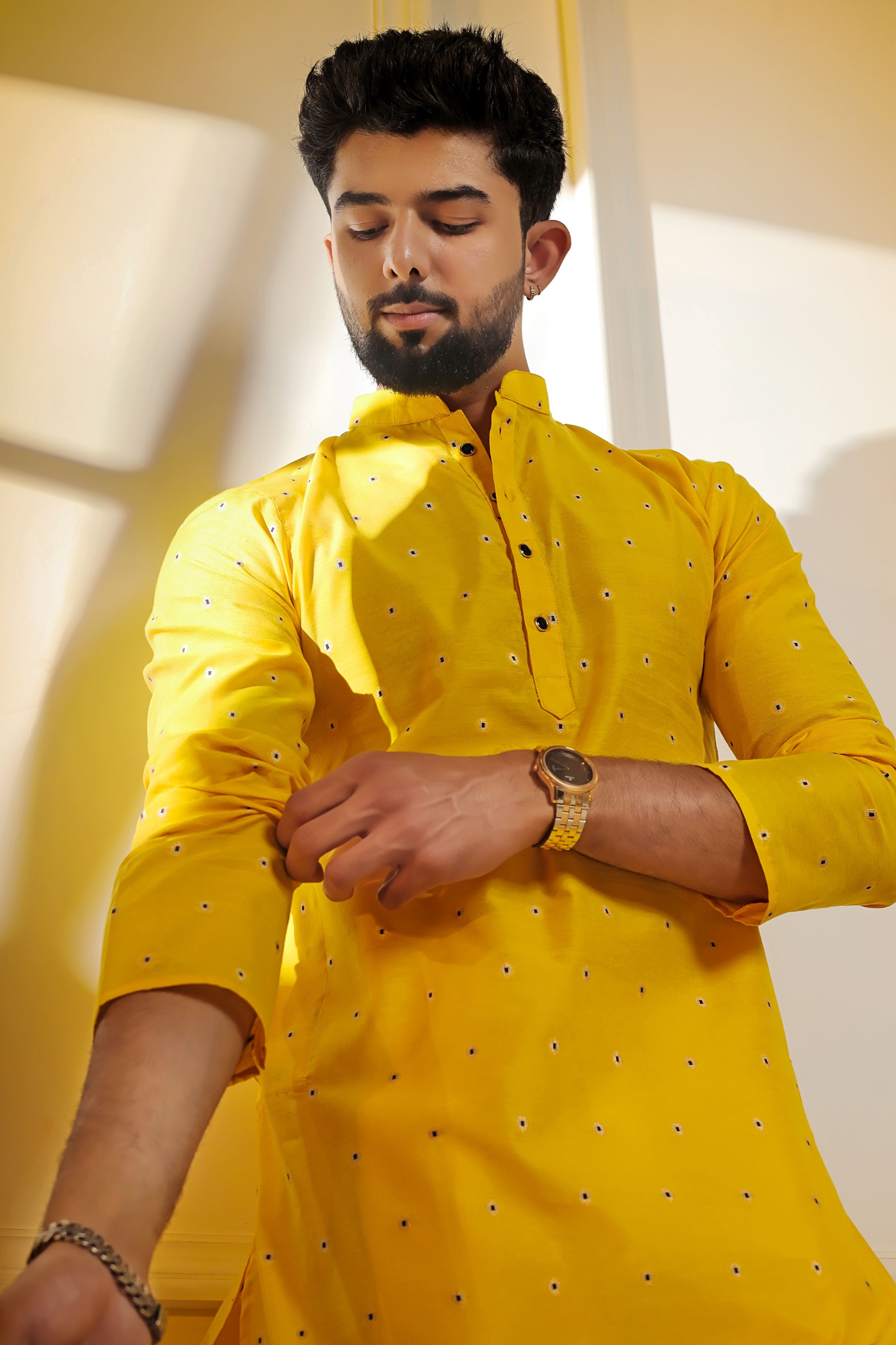 Yellow Butti Woven Cotton Kurta Pyjama