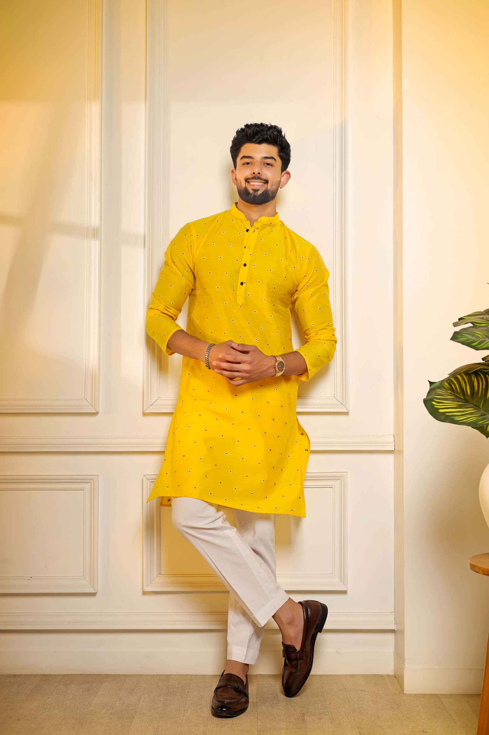 Yellow Butti Woven Cotton Kurta Pyjama