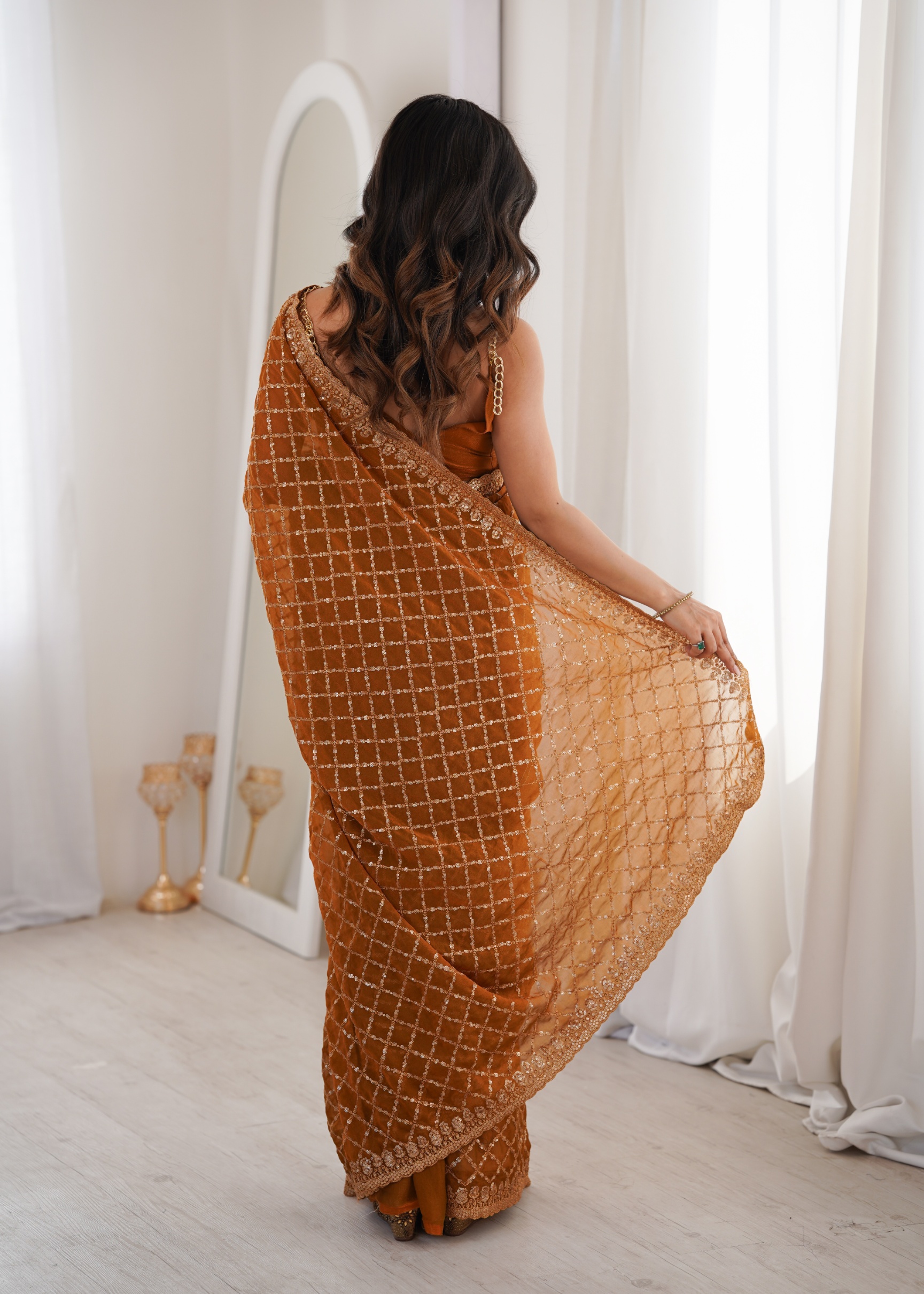 Yellow Checked Sequance Moss Two Tone Saree — alternate view