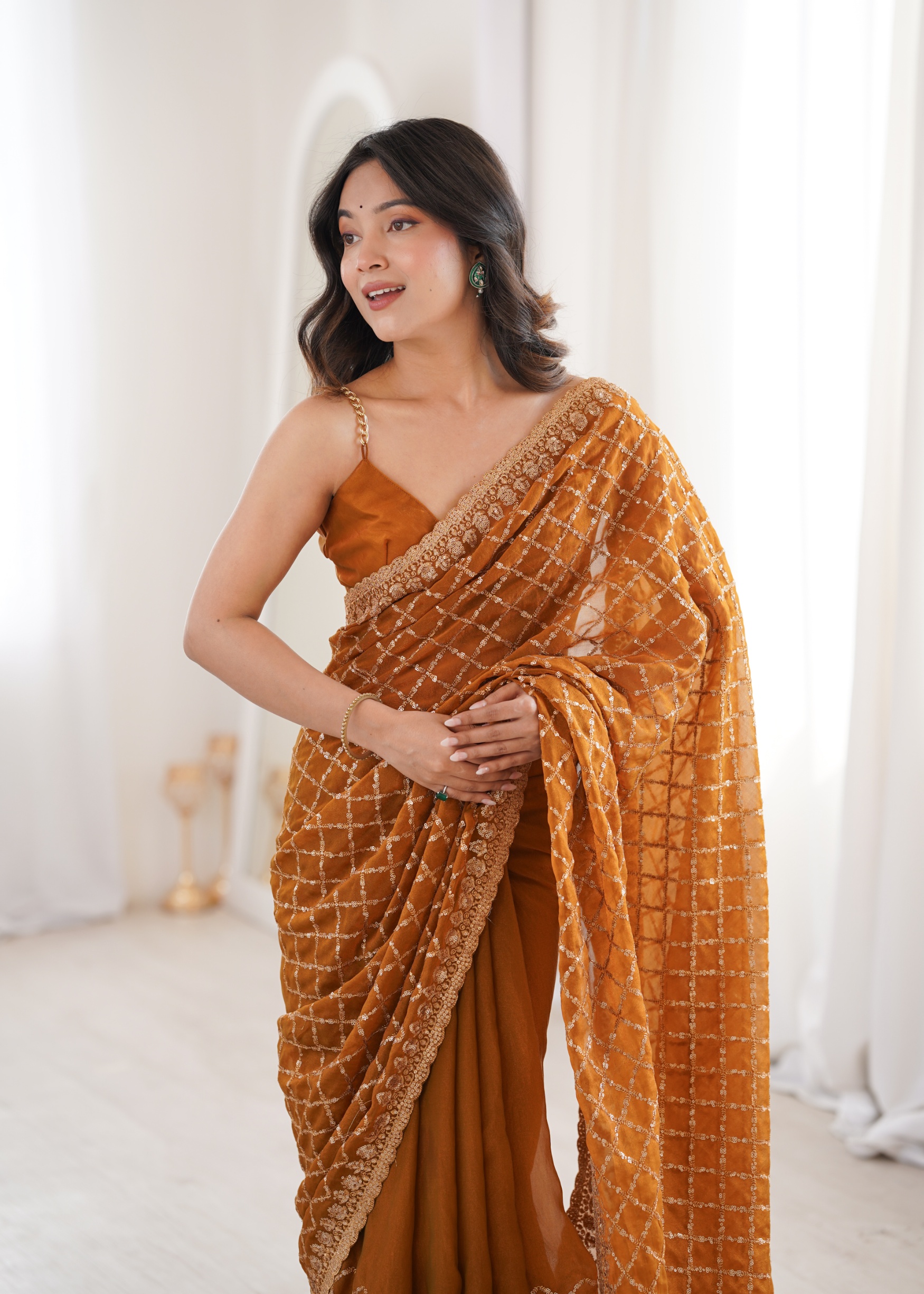 Yellow Checked Sequance Moss Two Tone Saree