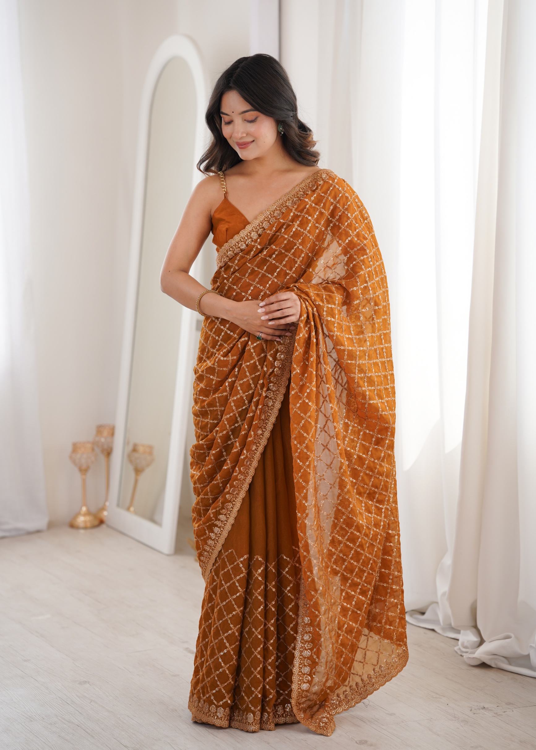 Yellow Checked Sequance Moss Two Tone Saree