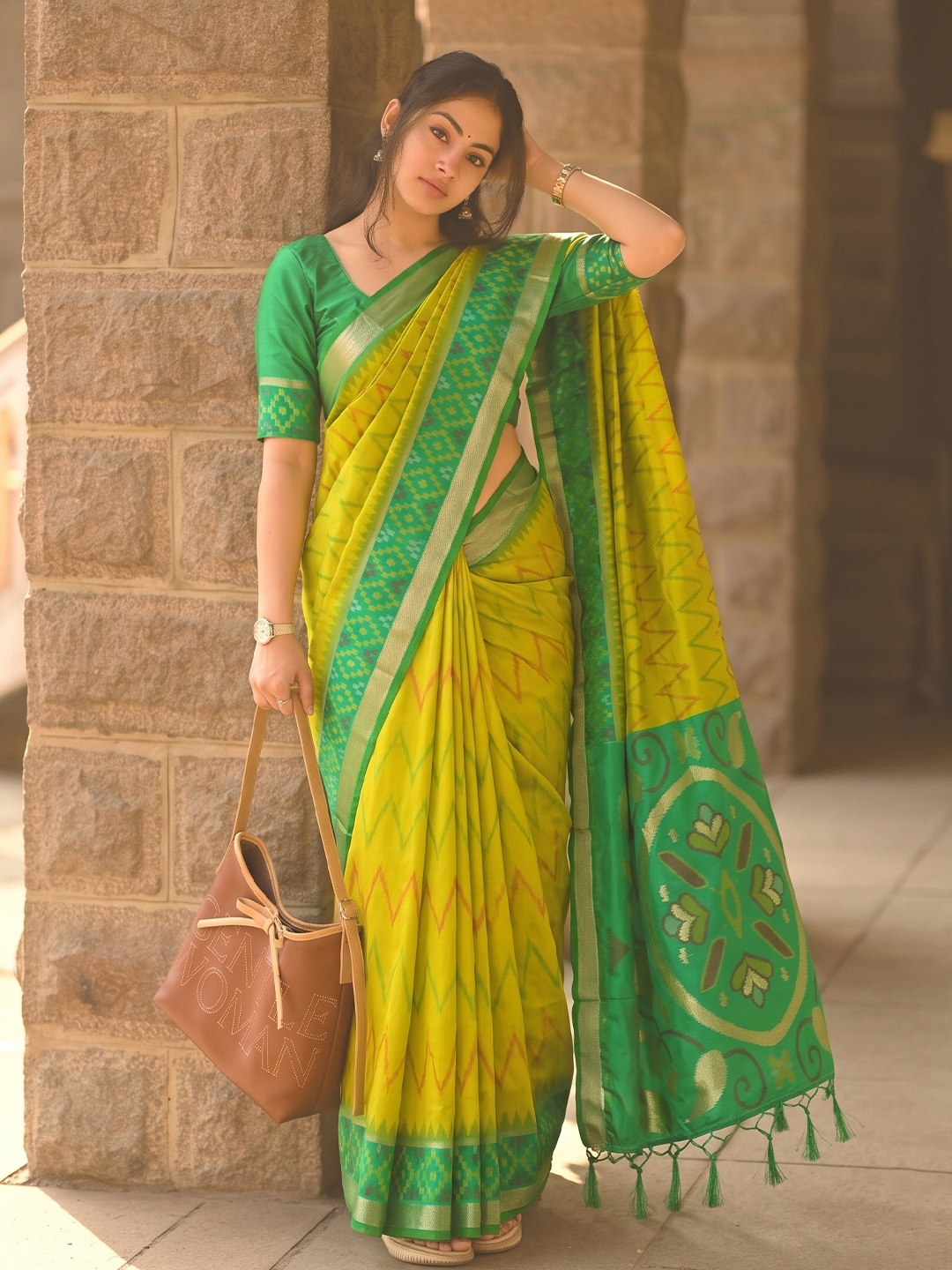 Yellow Chevron Woven Soft Silk Saree