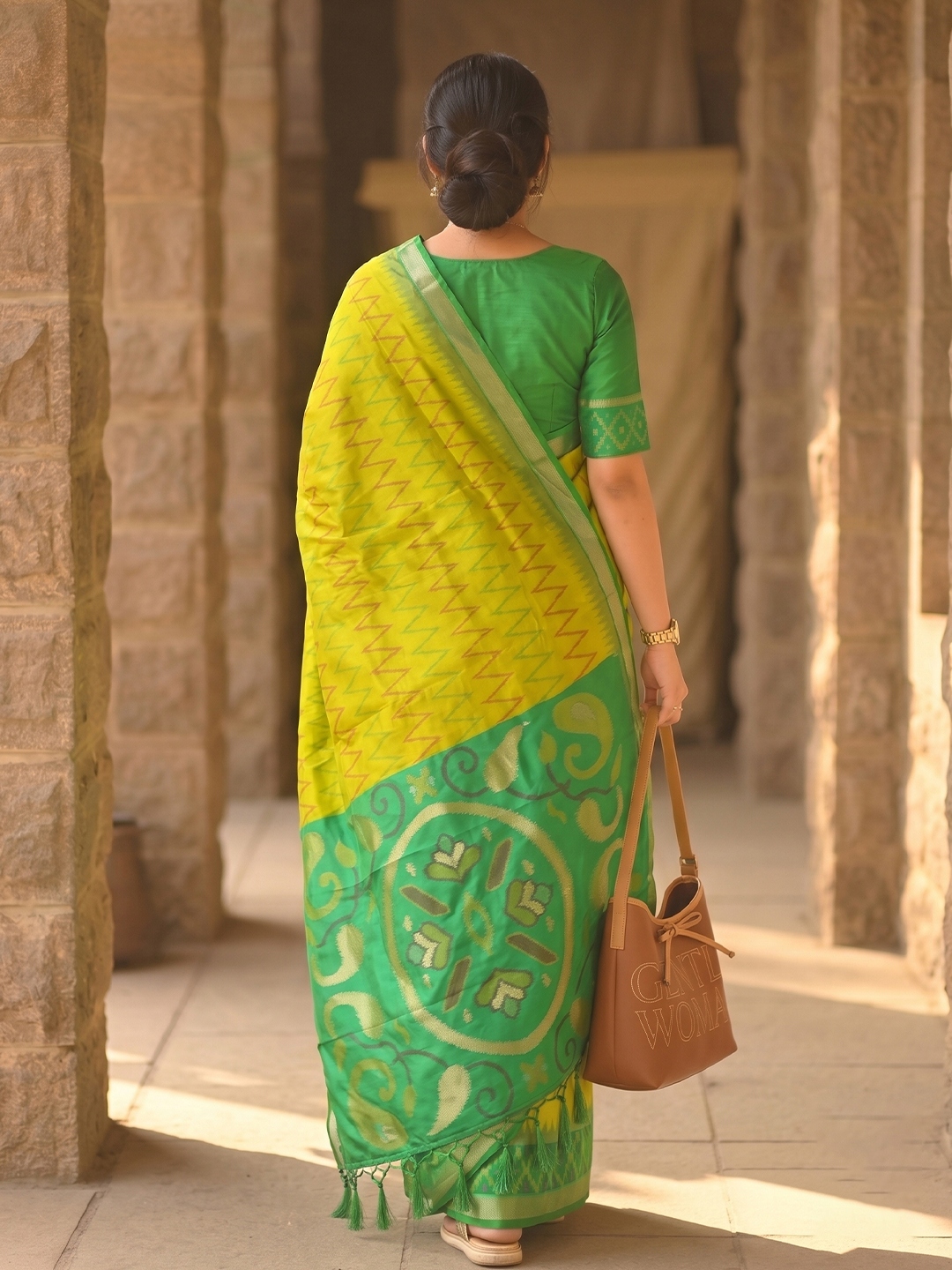 Yellow Chevron Woven Soft Silk Saree — alternate view