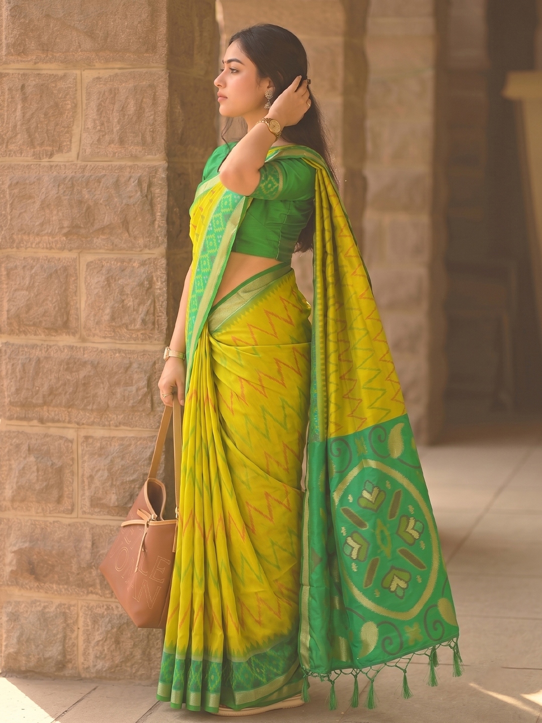 Yellow Chevron Woven Soft Silk Saree