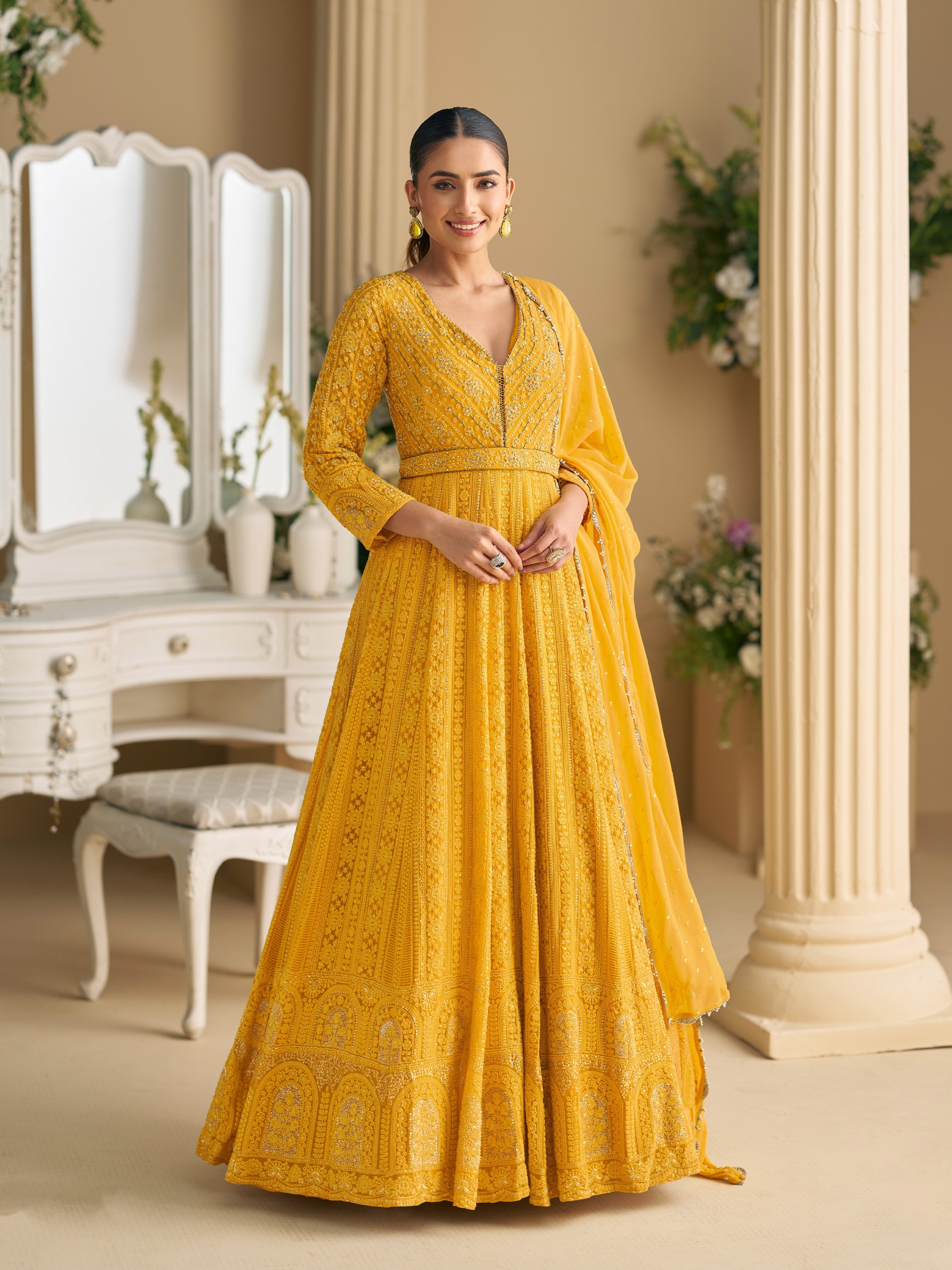 Yellow Chikankari Heavy Designer Embroidery Georgette Gown