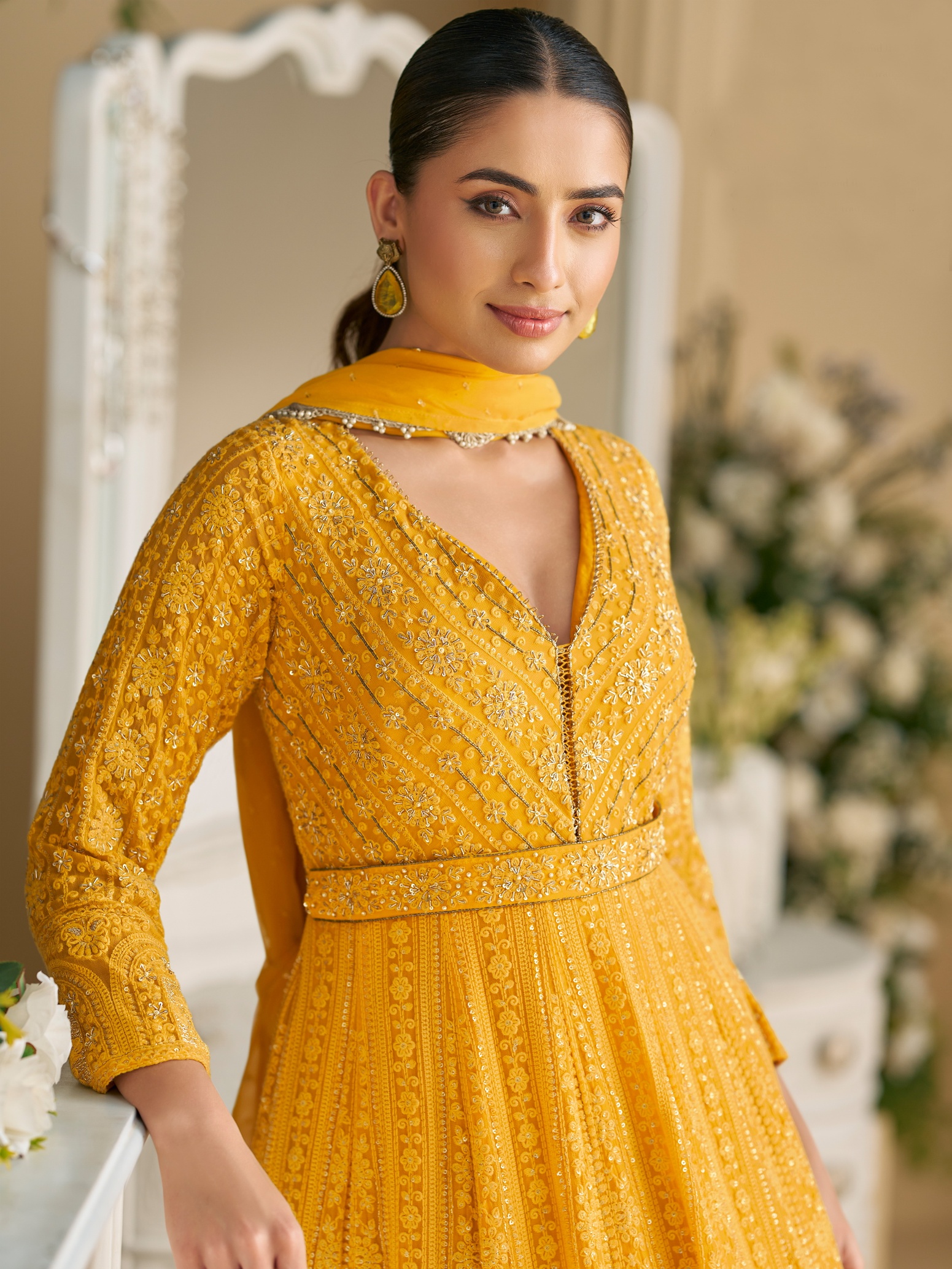 Yellow Chikankari Heavy Designer Embroidery Georgette Gown