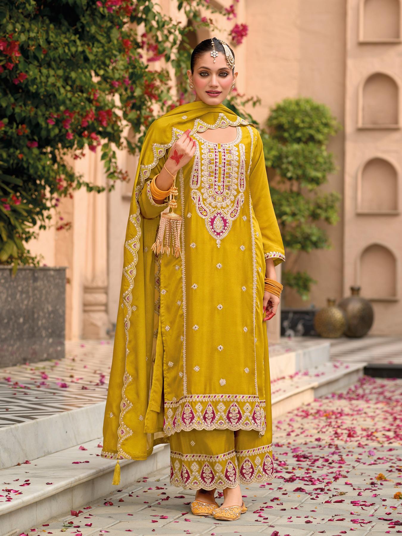 Yellow Chinnon Sharara Suits