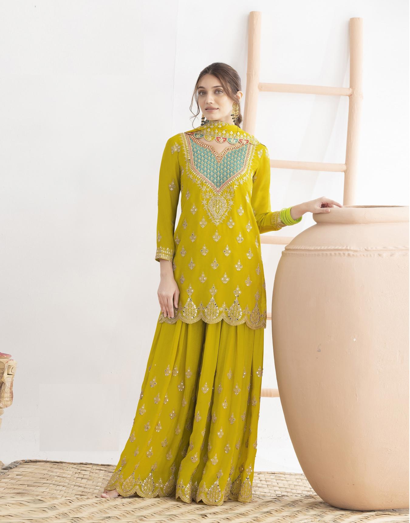 Yellow Chinon Designer Embroidered Palazzo Suit