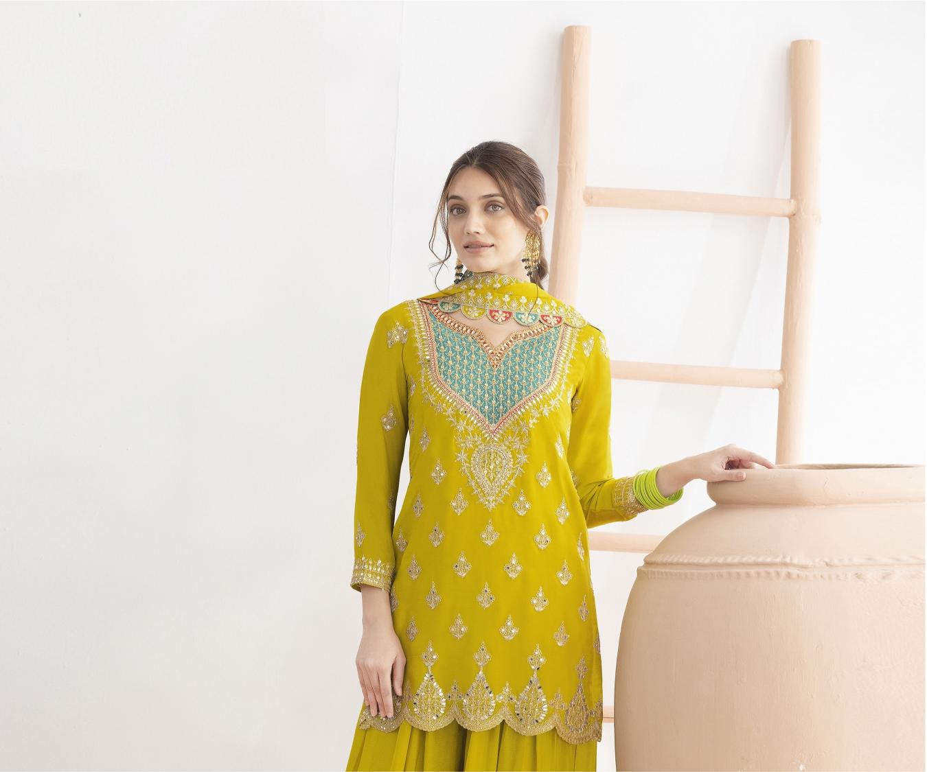 Yellow Chinon Designer Embroidered Palazzo Suit — alternate view